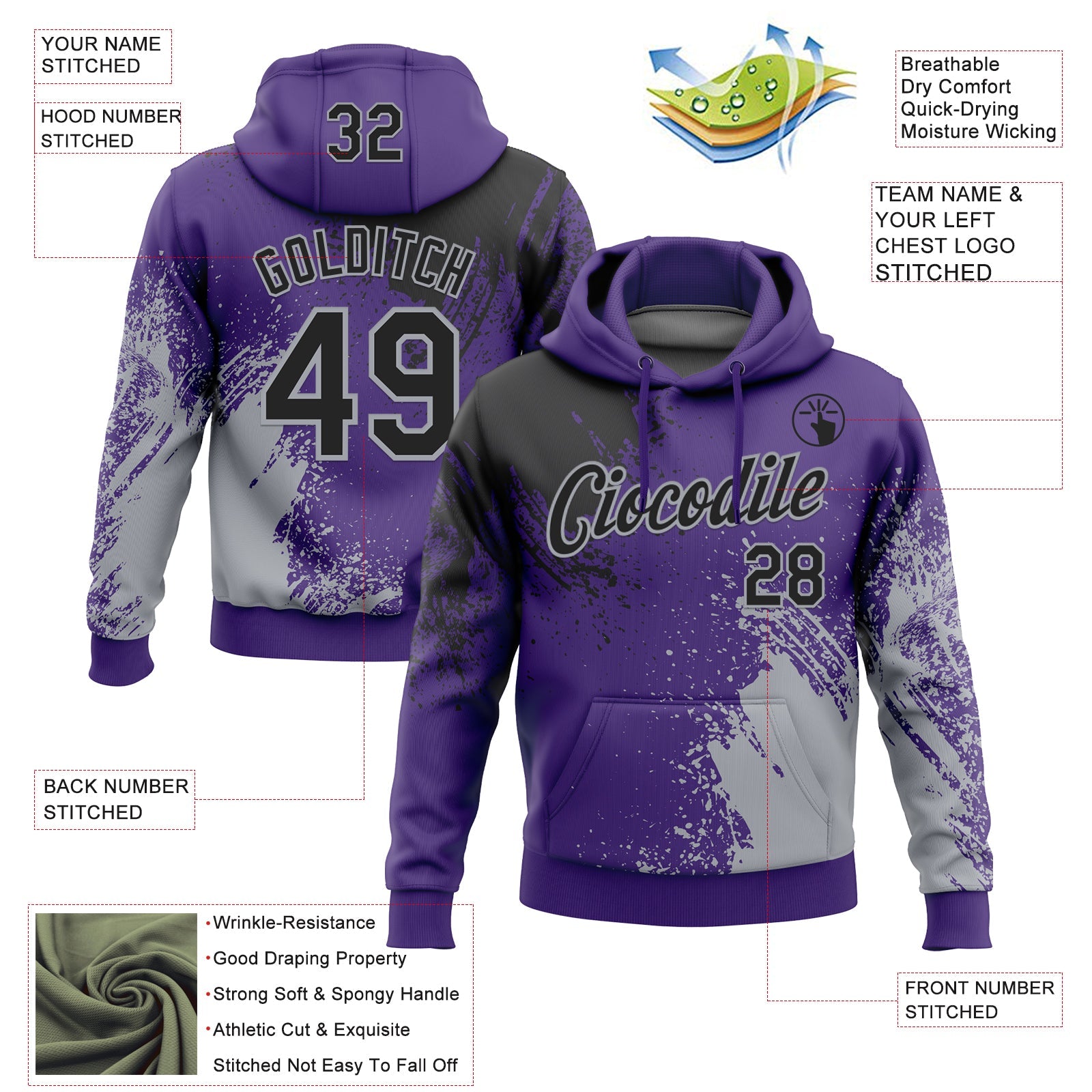 Custom Stitched Purple Black-Gray 3D Pattern Design Abstract Brush Stroke Sports Pullover Sweatshirt Hoodie view 2