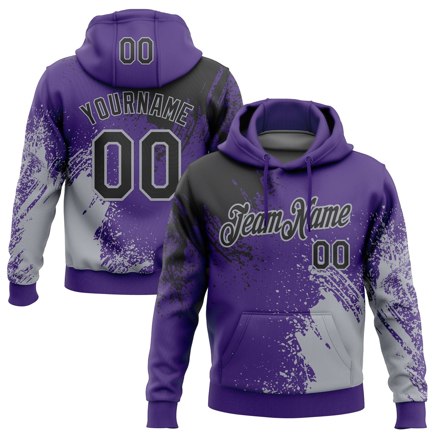 Custom Stitched Purple Black-Gray 3D Pattern Design Abstract Brush Stroke Sports Pullover Sweatshirt Hoodie - Main View