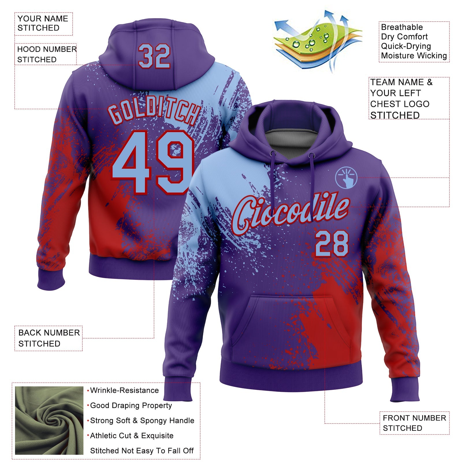 Custom Stitched Purple Light Blue-Red 3D Pattern Design Abstract Brush Stroke Sports Pullover Sweatshirt Hoodie view 2