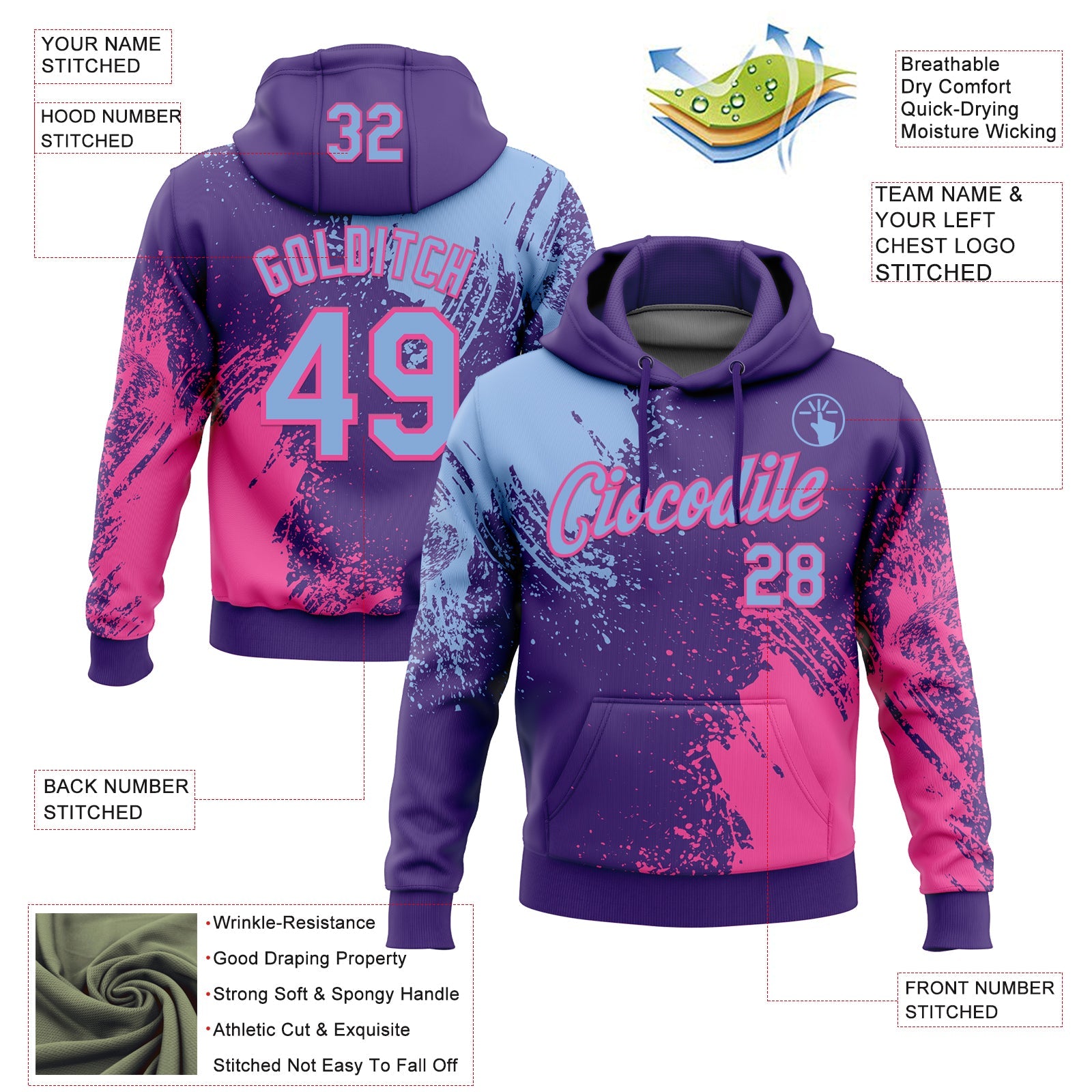 Custom Stitched Purple Light Blue-Pink 3D Pattern Design Abstract Brush Stroke Sports Pullover Sweatshirt Hoodie view 2