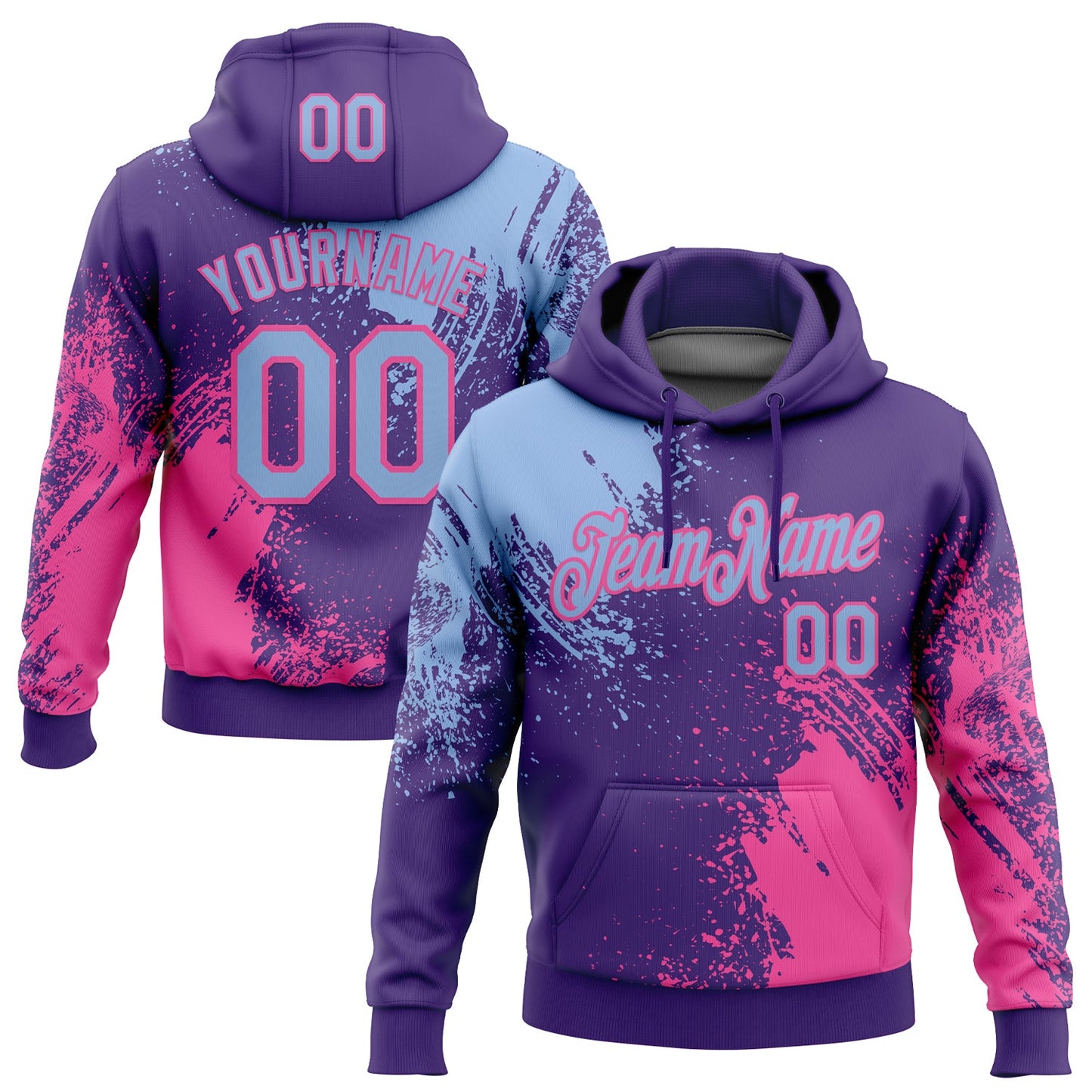 Custom Stitched Purple Light Blue-Pink 3D Pattern Design Abstract Brush Stroke Sports Pullover Sweatshirt Hoodie - Main View