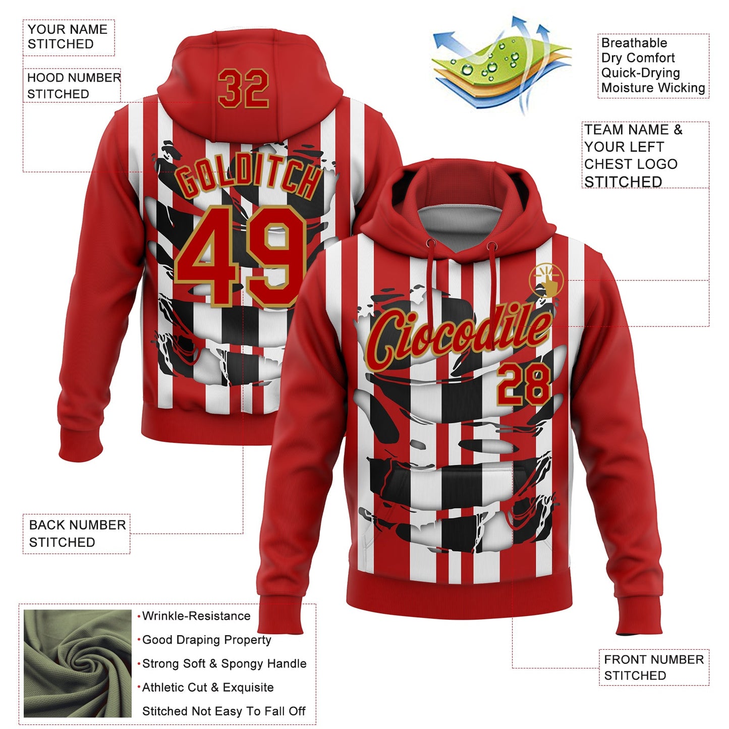 Custom Stitched Red White Black-Old Gold 3D Pattern Design Stripe Sports Pullover Sweatshirt Hoodie view 2