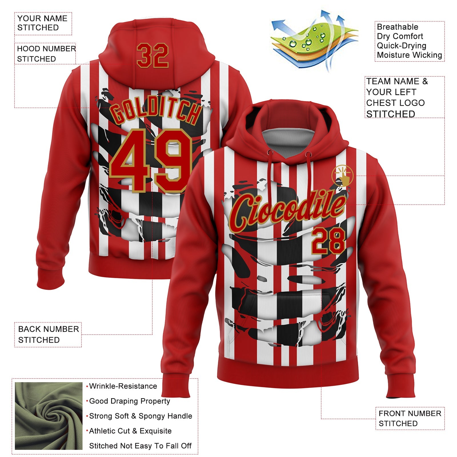 Custom Stitched Red White Black-Old Gold 3D Pattern Design Stripe Sports Pullover Sweatshirt Hoodie view 2