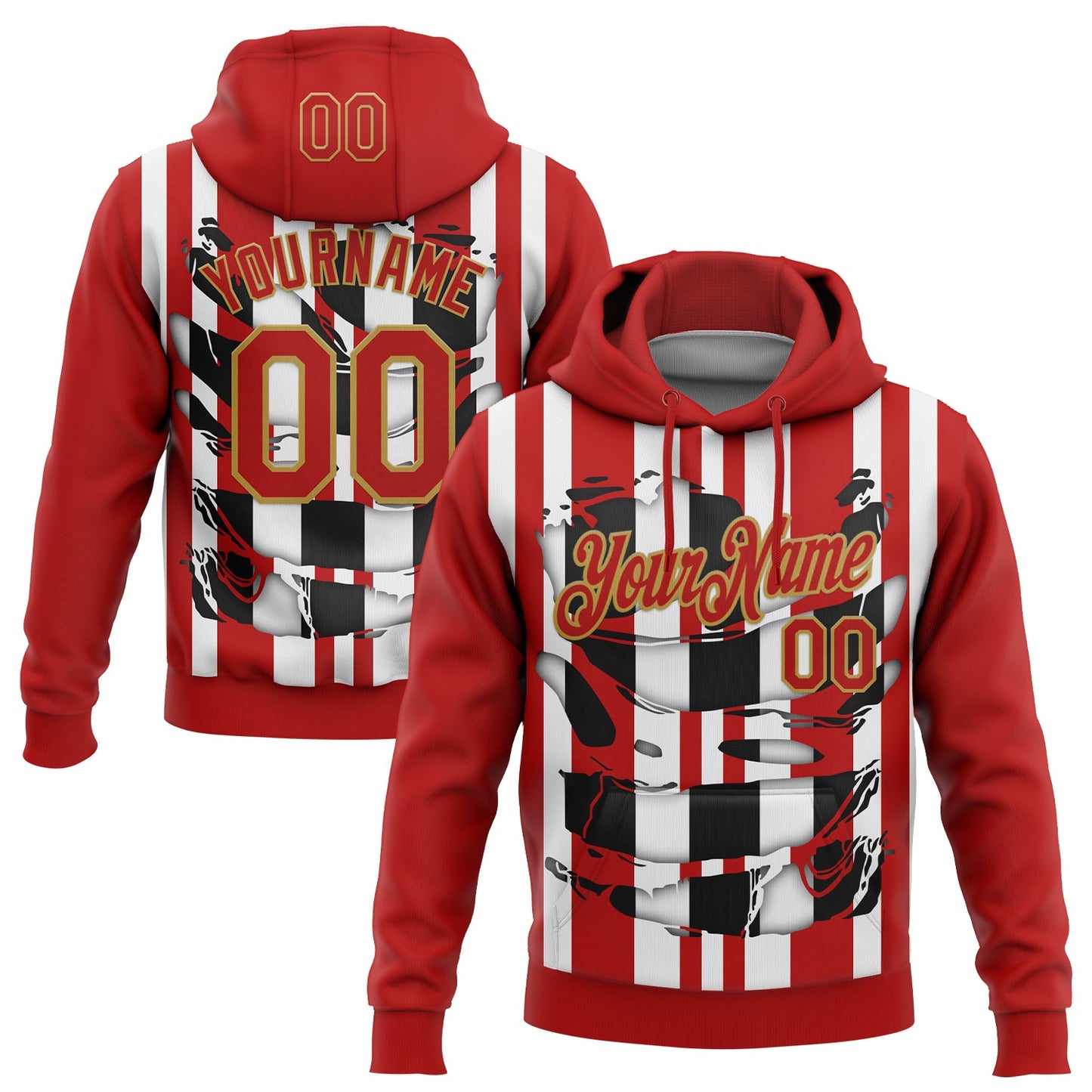 Custom Stitched Red White Black-Old Gold 3D Pattern Design Stripe Sports Pullover Sweatshirt Hoodie - Main View
