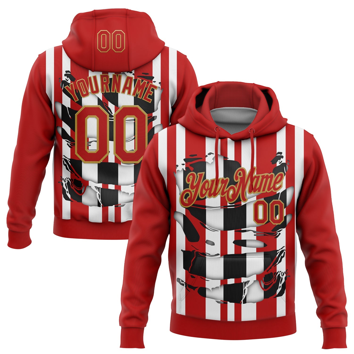 Custom Stitched Red White Black-Old Gold 3D Pattern Design Stripe Sports Pullover Sweatshirt Hoodie - Main View