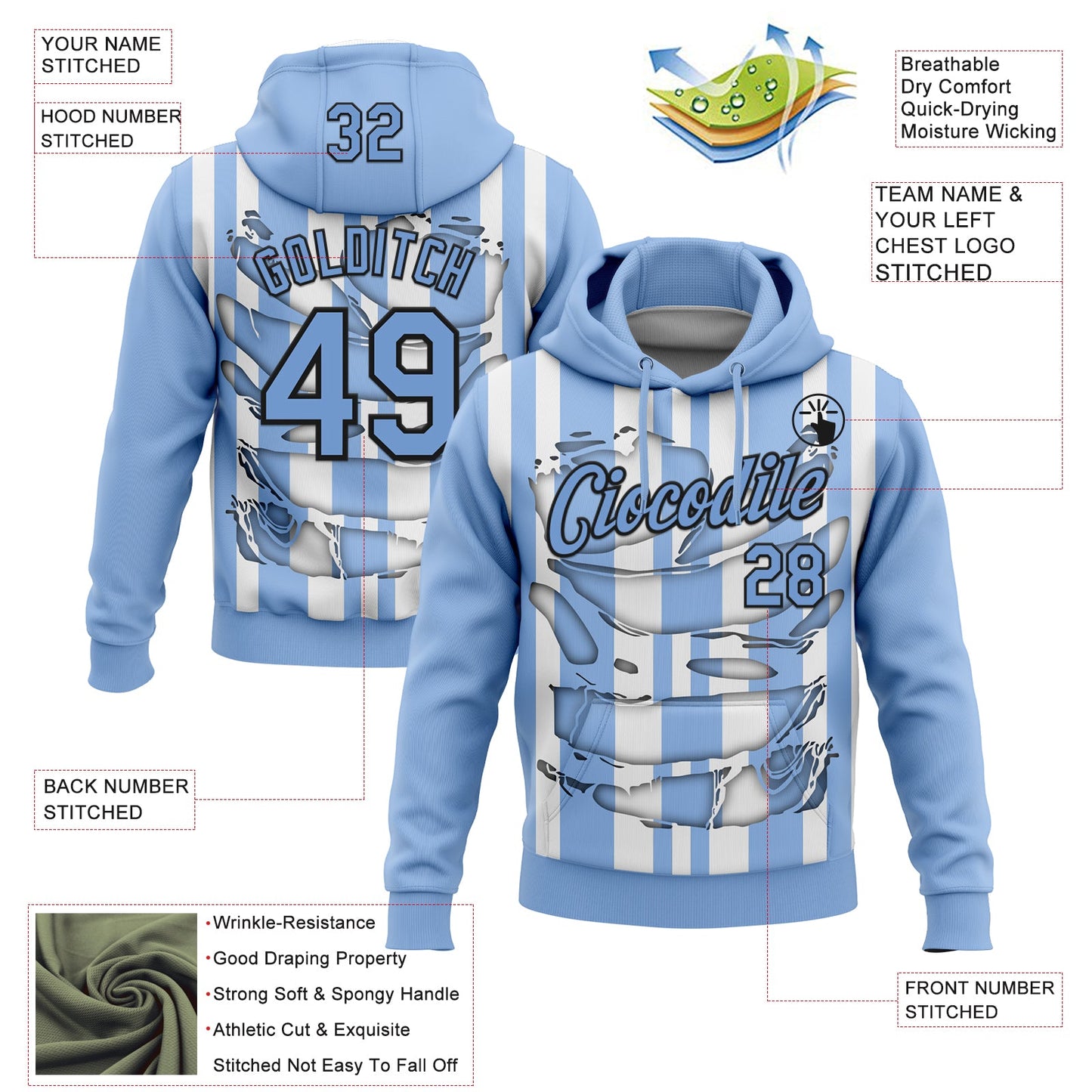 Custom Stitched Light Blue White-Black 3D Pattern Design Stripe Sports Pullover Sweatshirt Hoodie view 2