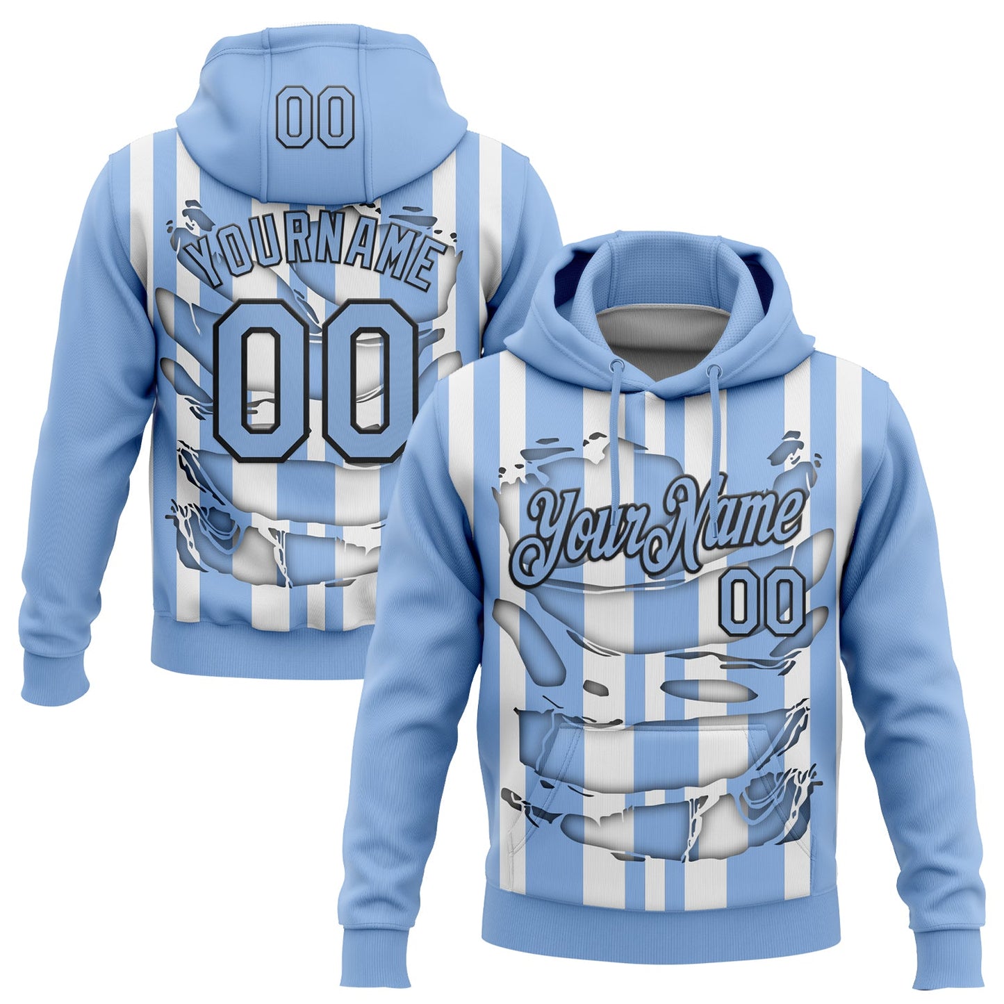 Custom Stitched Light Blue White-Black 3D Pattern Design Stripe Sports Pullover Sweatshirt Hoodie - Main View