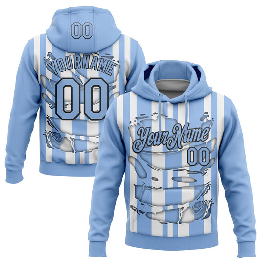 Custom Stitched Light Blue White-Black 3D Pattern Design Stripe Sports Pullover Sweatshirt Hoodie - Main View