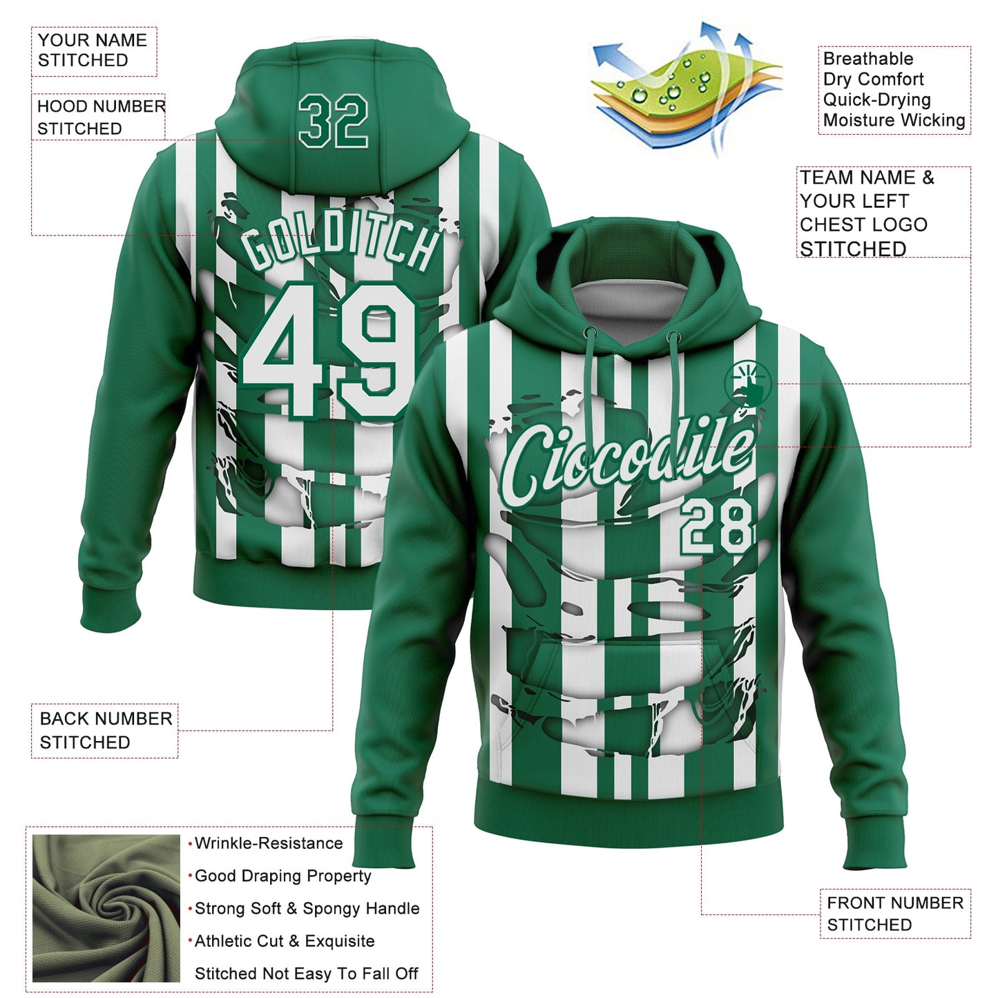 Custom Stitched Kelly Green White 3D Pattern Design Stripe Sports Pullover Sweatshirt Hoodie view 2