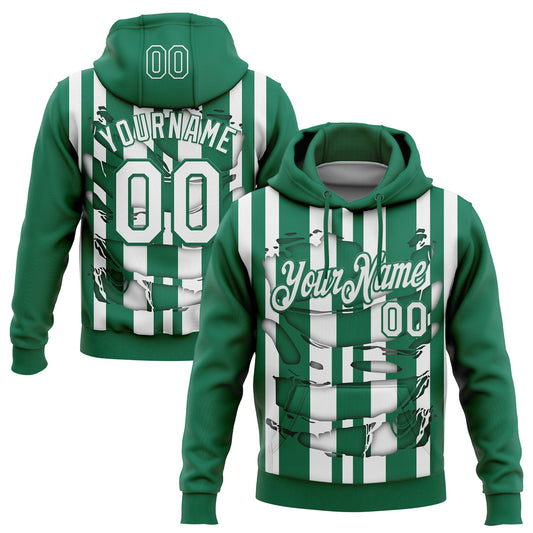 Custom Stitched Kelly Green White 3D Pattern Design Stripe Sports Pullover Sweatshirt Hoodie - Main View