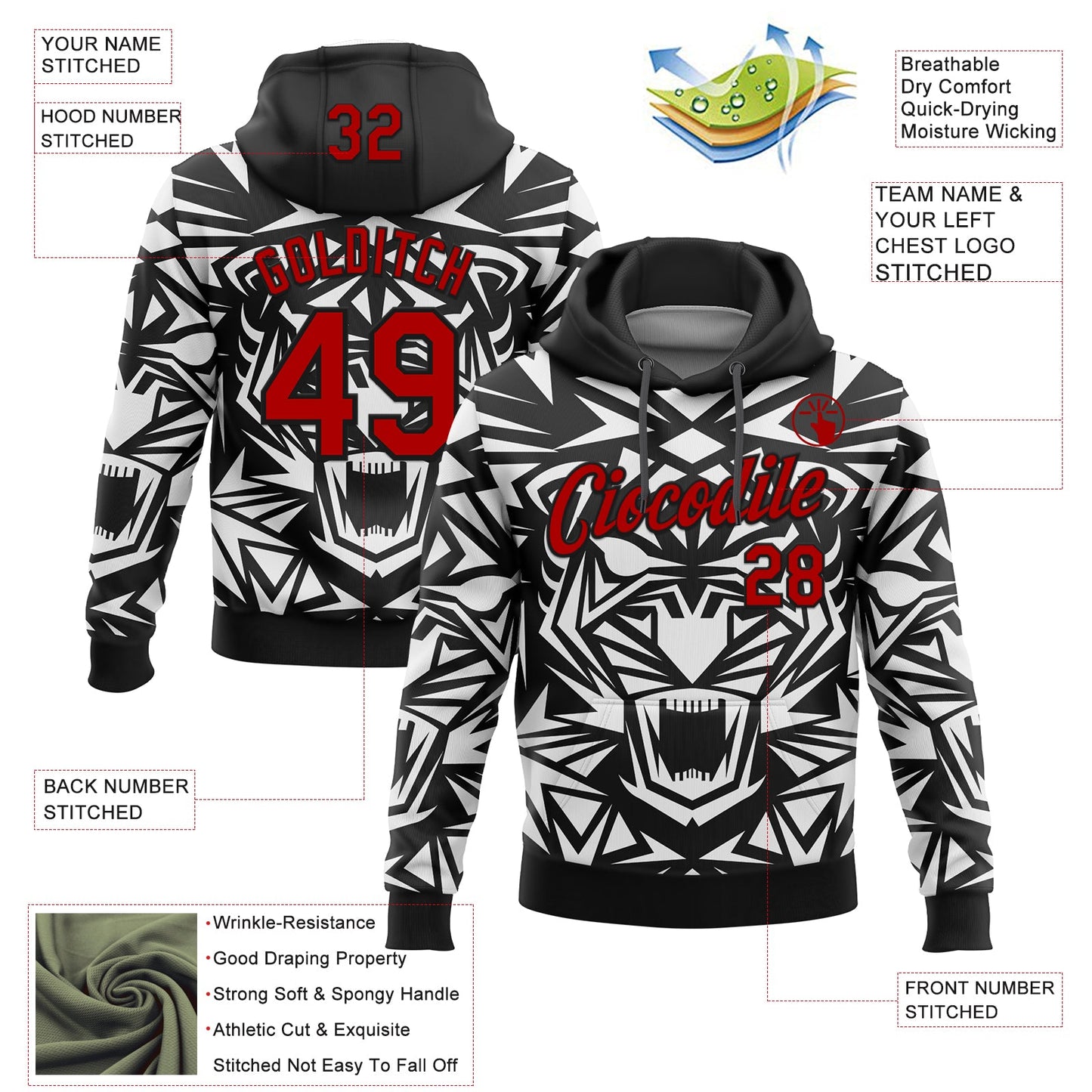 Custom Stitched Black Red-White 3D Pattern Design Geometric Shape Sports Pullover Sweatshirt Hoodie view 2
