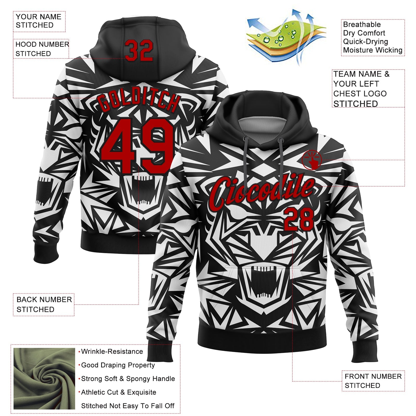 Custom Stitched Black Red-White 3D Pattern Design Geometric Shape Sports Pullover Sweatshirt Hoodie view 2