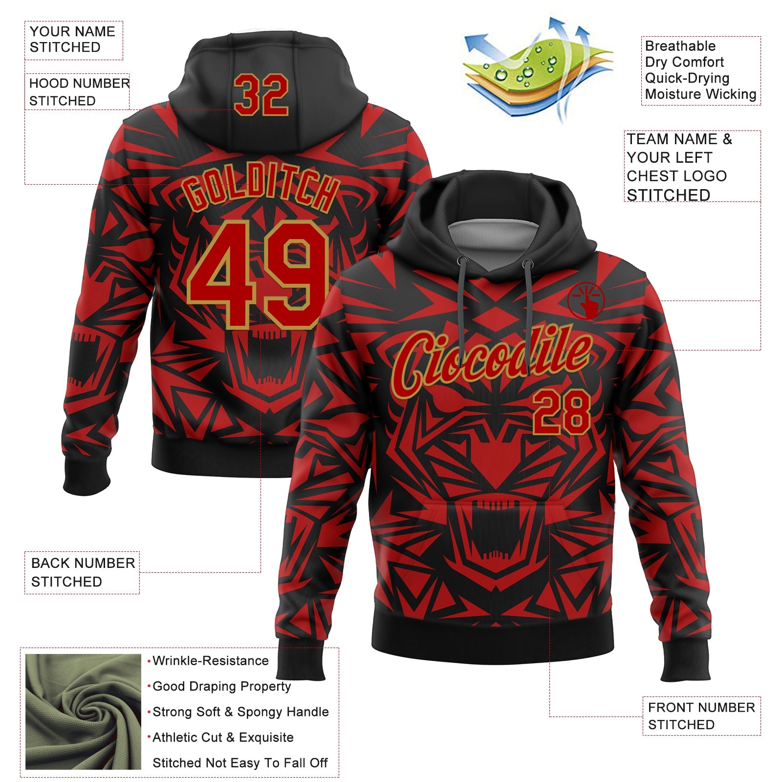 Custom Stitched Black Red-Old Gold 3D Pattern Design Geometric Shape Sports Pullover Sweatshirt Hoodie view 2