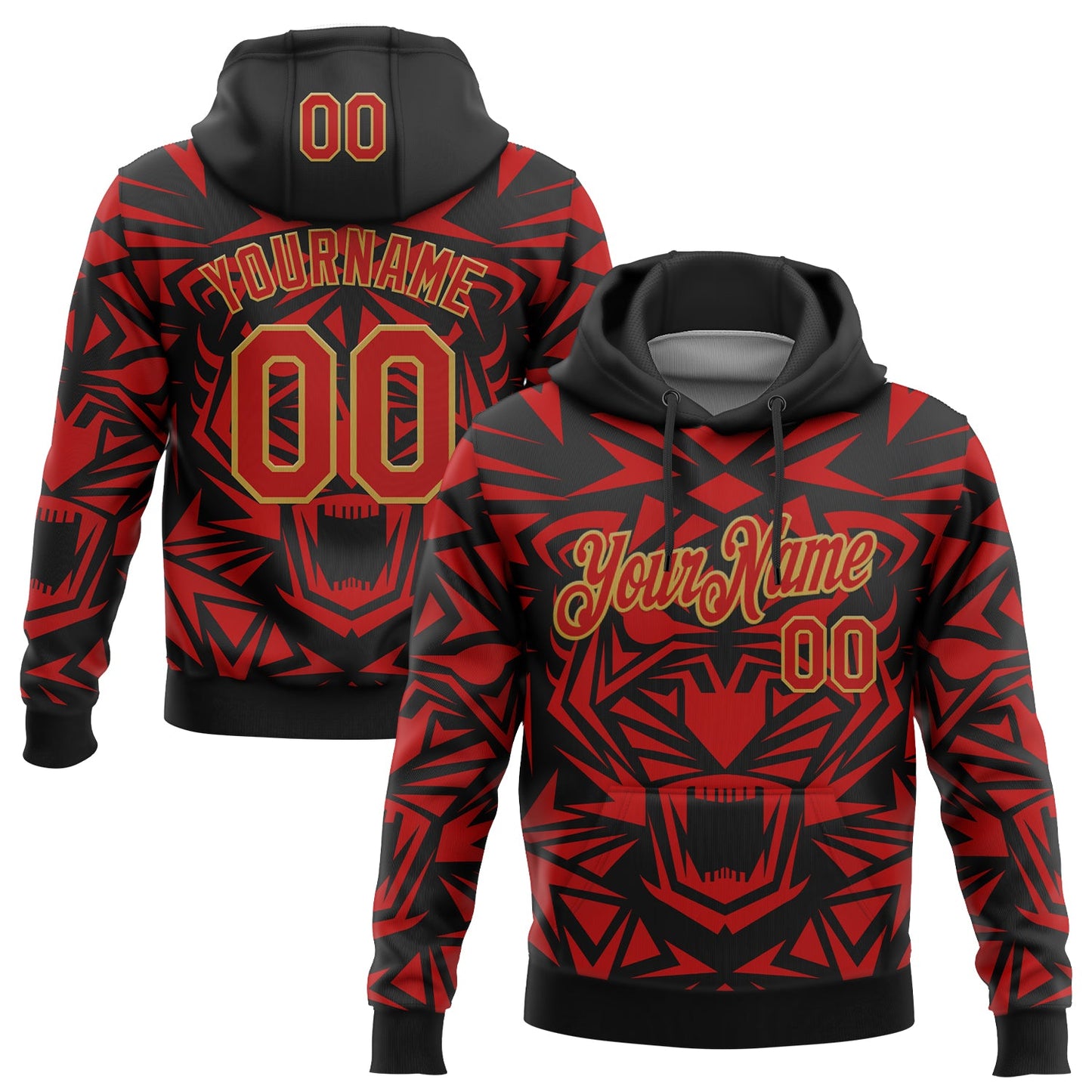 Custom Stitched Black Red-Old Gold 3D Pattern Design Geometric Shape Sports Pullover Sweatshirt Hoodie - Main View