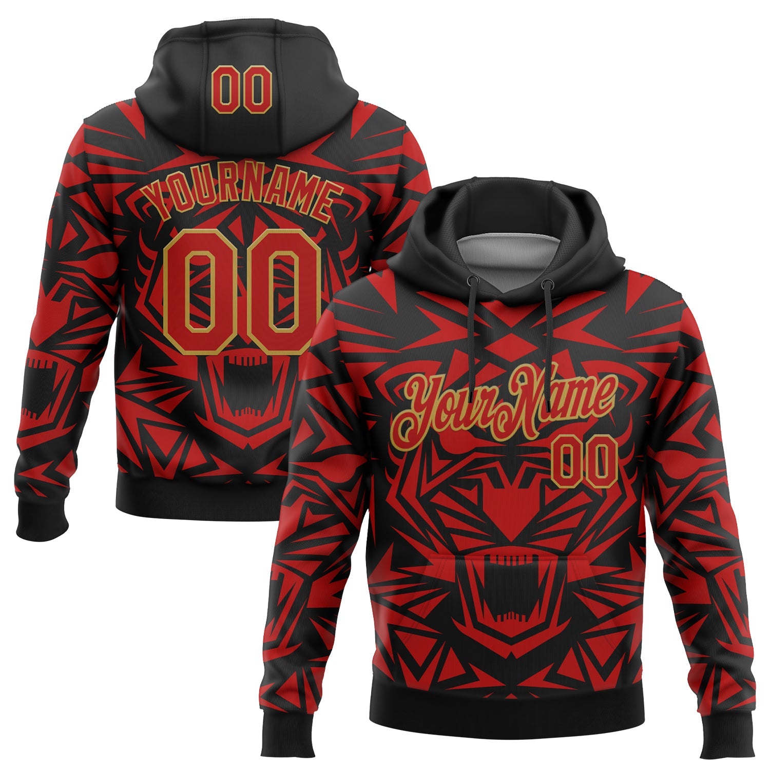Custom Stitched Black Red-Old Gold 3D Pattern Design Geometric Shape Sports Pullover Sweatshirt Hoodie - Main View