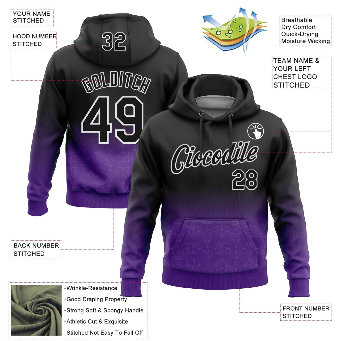 Custom Stitched Black Purple-White 3D Pattern Design Fade Floral Sports Pullover Sweatshirt Hoodie view 2