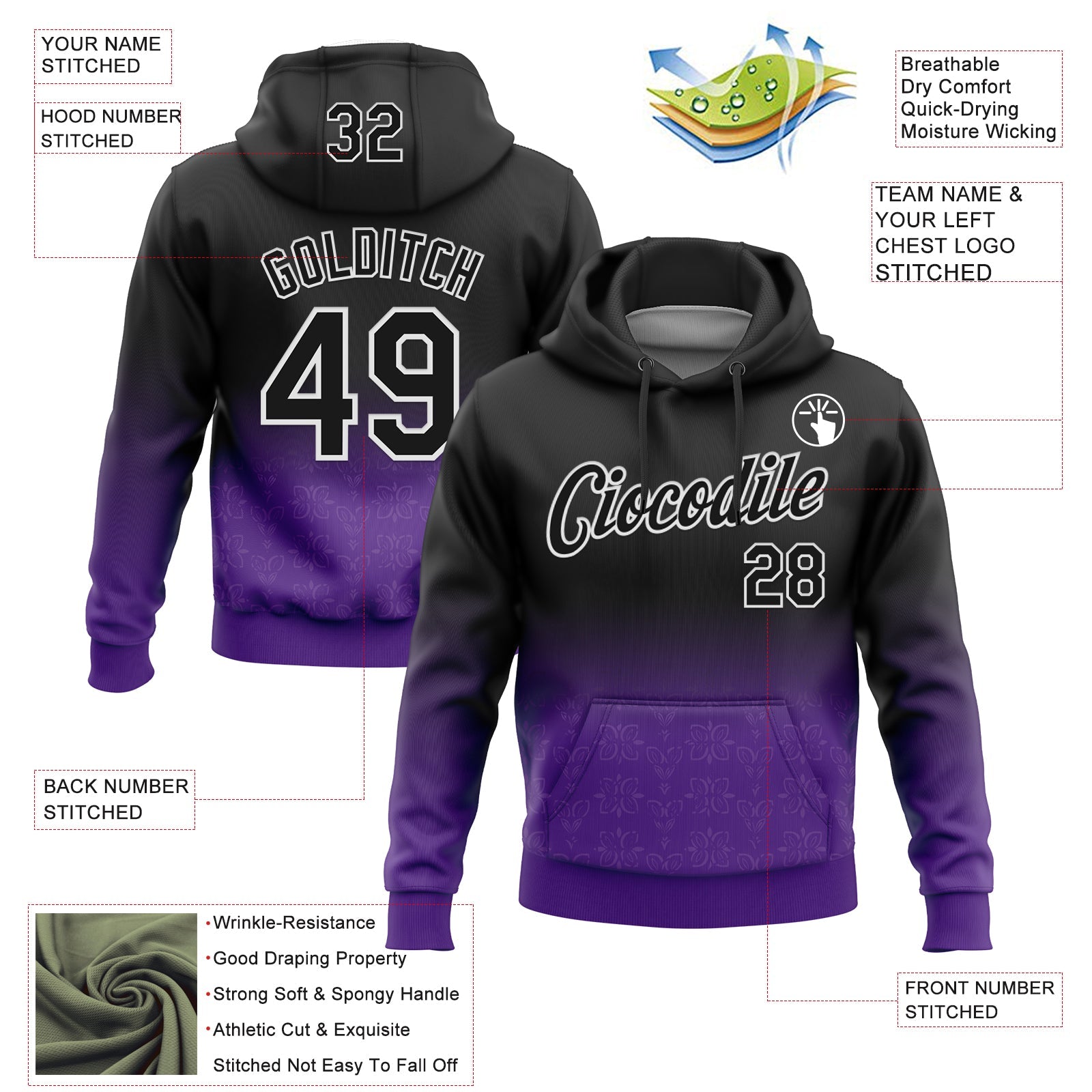 Custom Stitched Black Purple-White 3D Pattern Design Fade Floral Sports Pullover Sweatshirt Hoodie view 2
