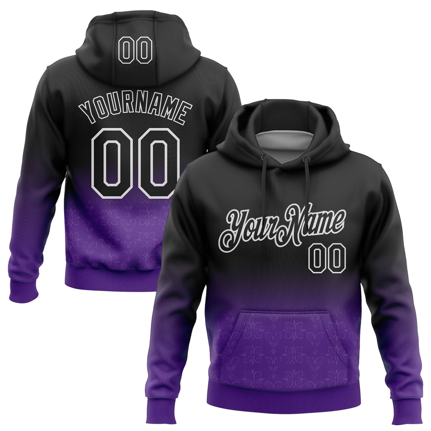 Custom Stitched Black Purple-White 3D Pattern Design Fade Floral Sports Pullover Sweatshirt Hoodie - Main View