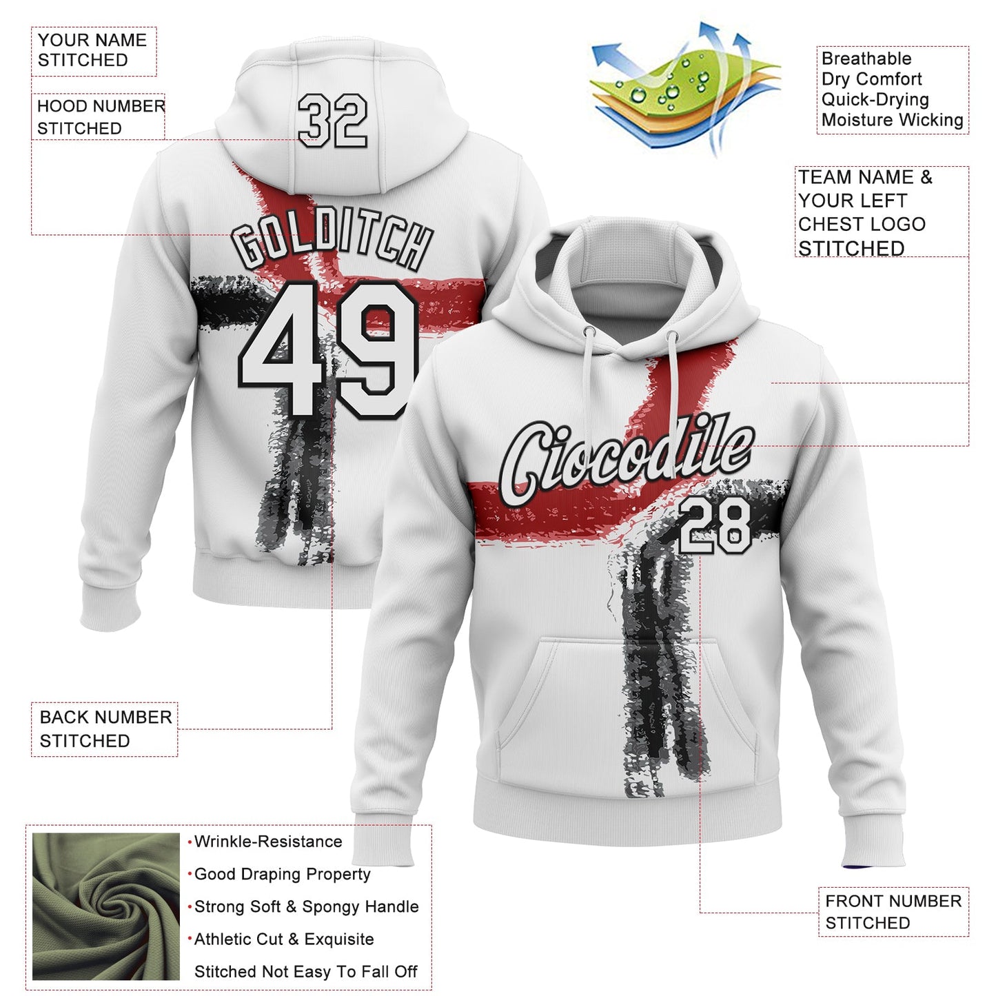 Custom Stitched White Red-Black 3D Pattern Design Splash Sports Pullover Sweatshirt Hoodie view 2