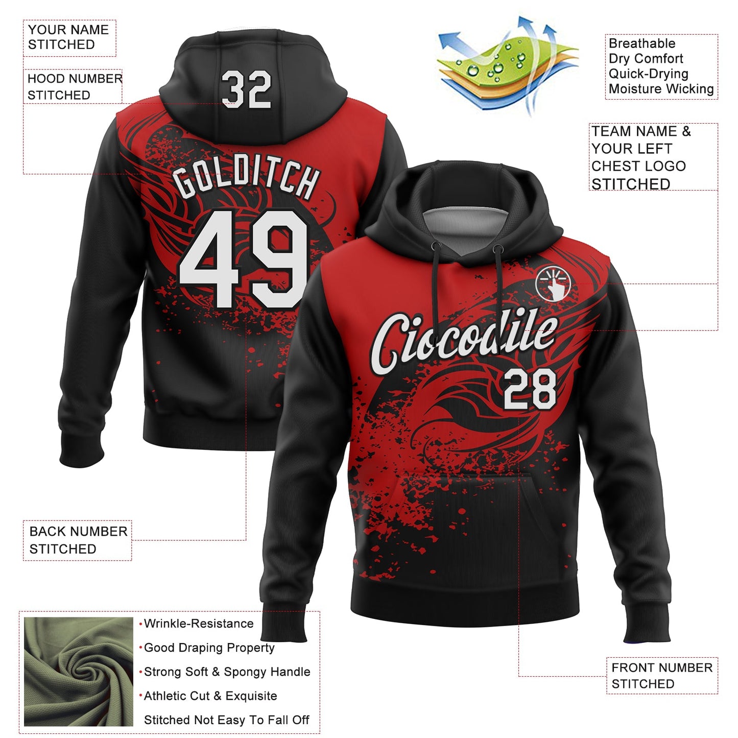 Custom Stitched Black White-Red 3D Pattern Design Splash Sports Pullover Sweatshirt Hoodie view 2