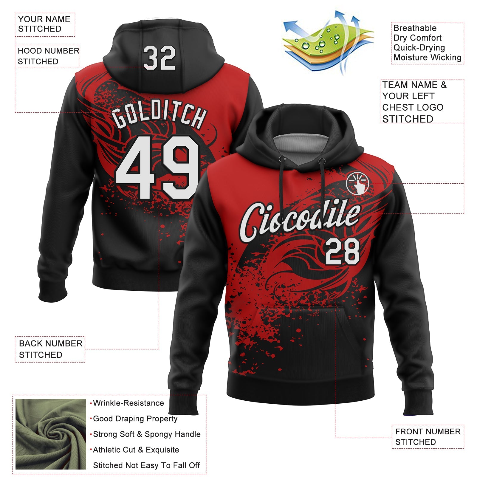 Custom Stitched Black White-Red 3D Pattern Design Splash Sports Pullover Sweatshirt Hoodie view 2
