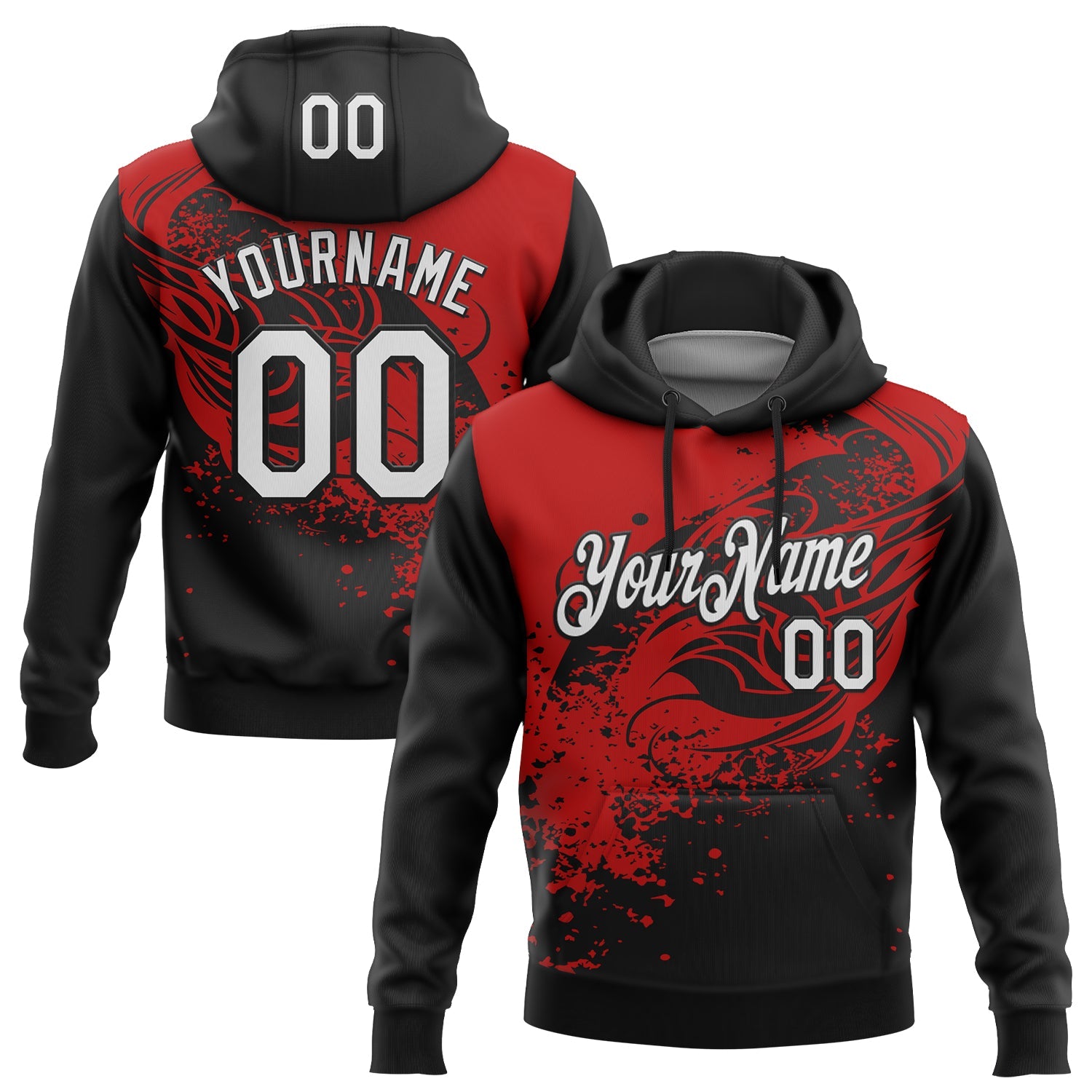 Custom Stitched Black White-Red 3D Pattern Design Splash Sports Pullover Sweatshirt Hoodie - Main View