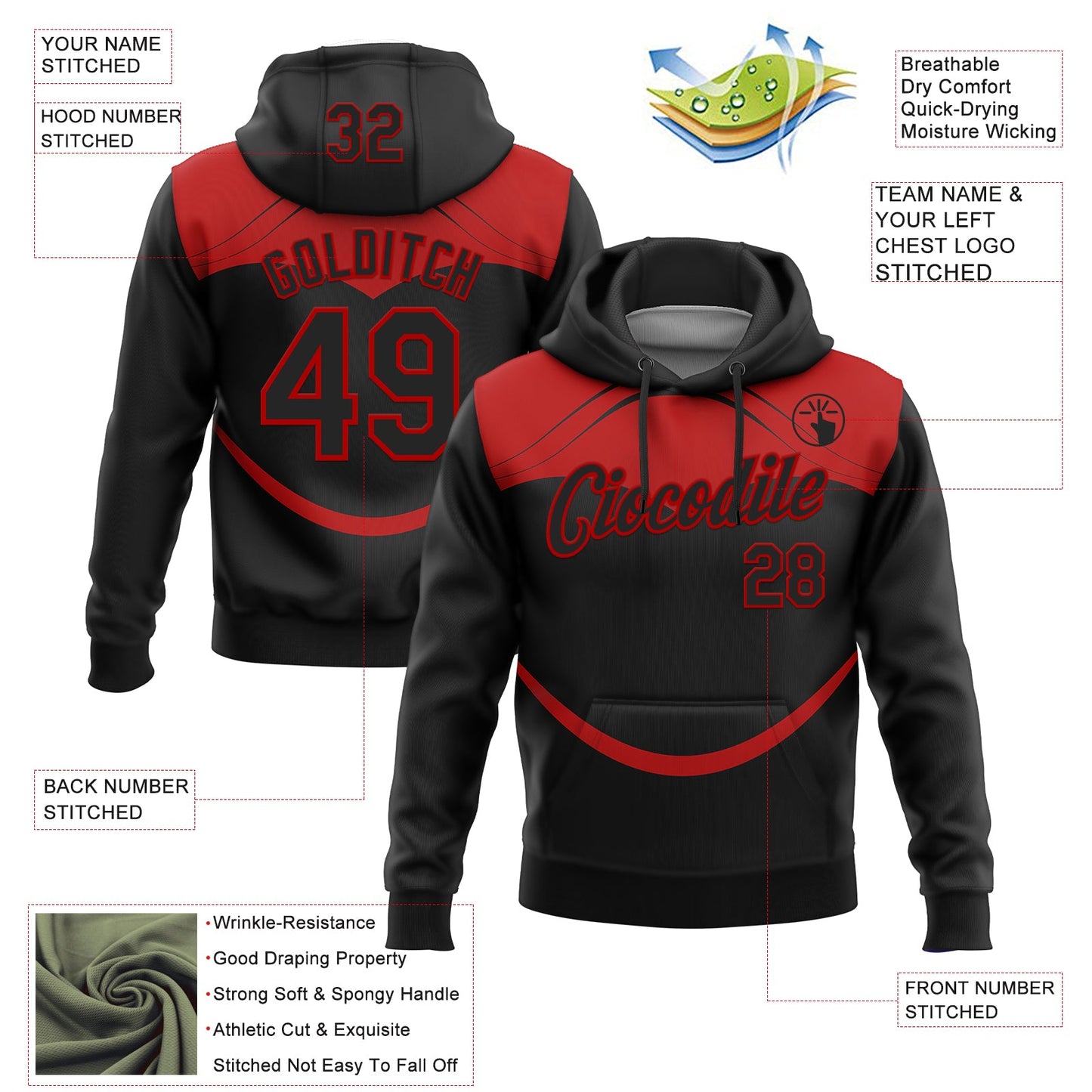Custom Stitched Black Red 3D Pattern Design Line Sports Pullover Sweatshirt Hoodie view 2