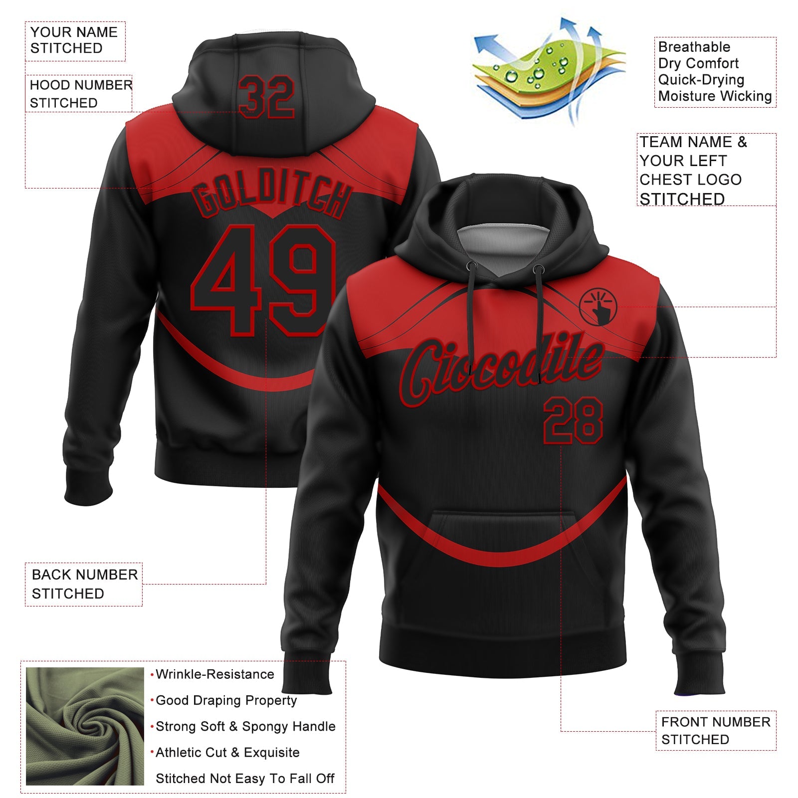 Custom Stitched Black Red 3D Pattern Design Line Sports Pullover Sweatshirt Hoodie view 2