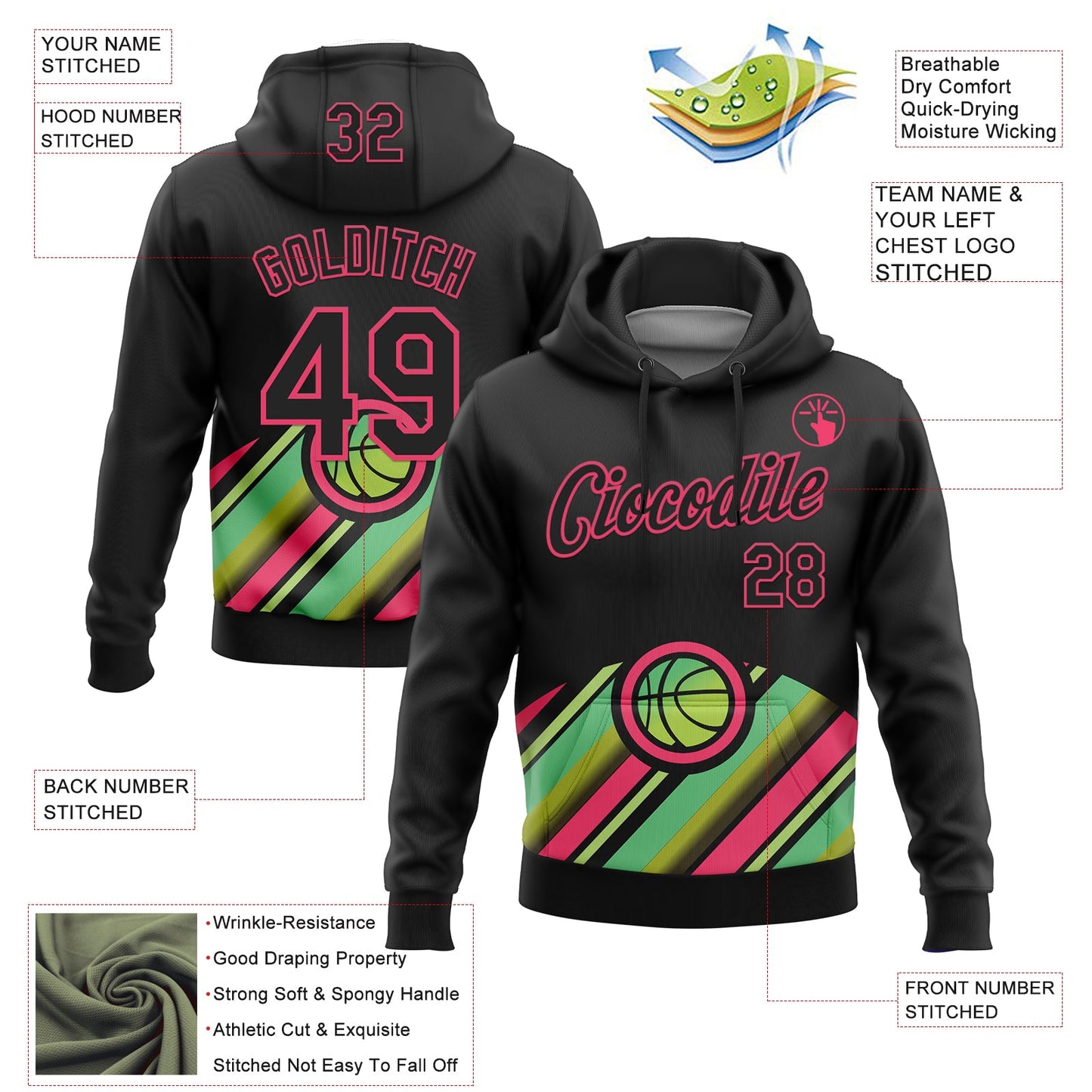 Custom Stitched Black Green-Neon Pink 3D Pattern Design Ball Sports Pullover Sweatshirt Hoodie view 2