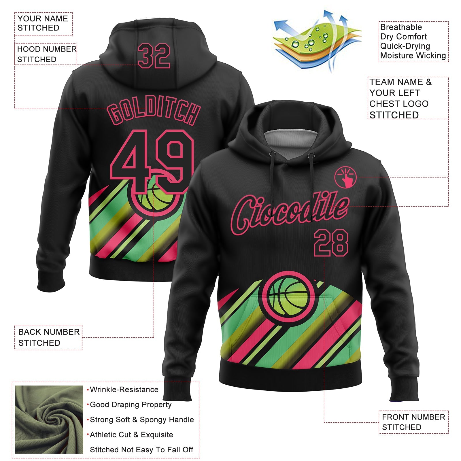 Custom Stitched Black Green-Neon Pink 3D Pattern Design Ball Sports Pullover Sweatshirt Hoodie view 2