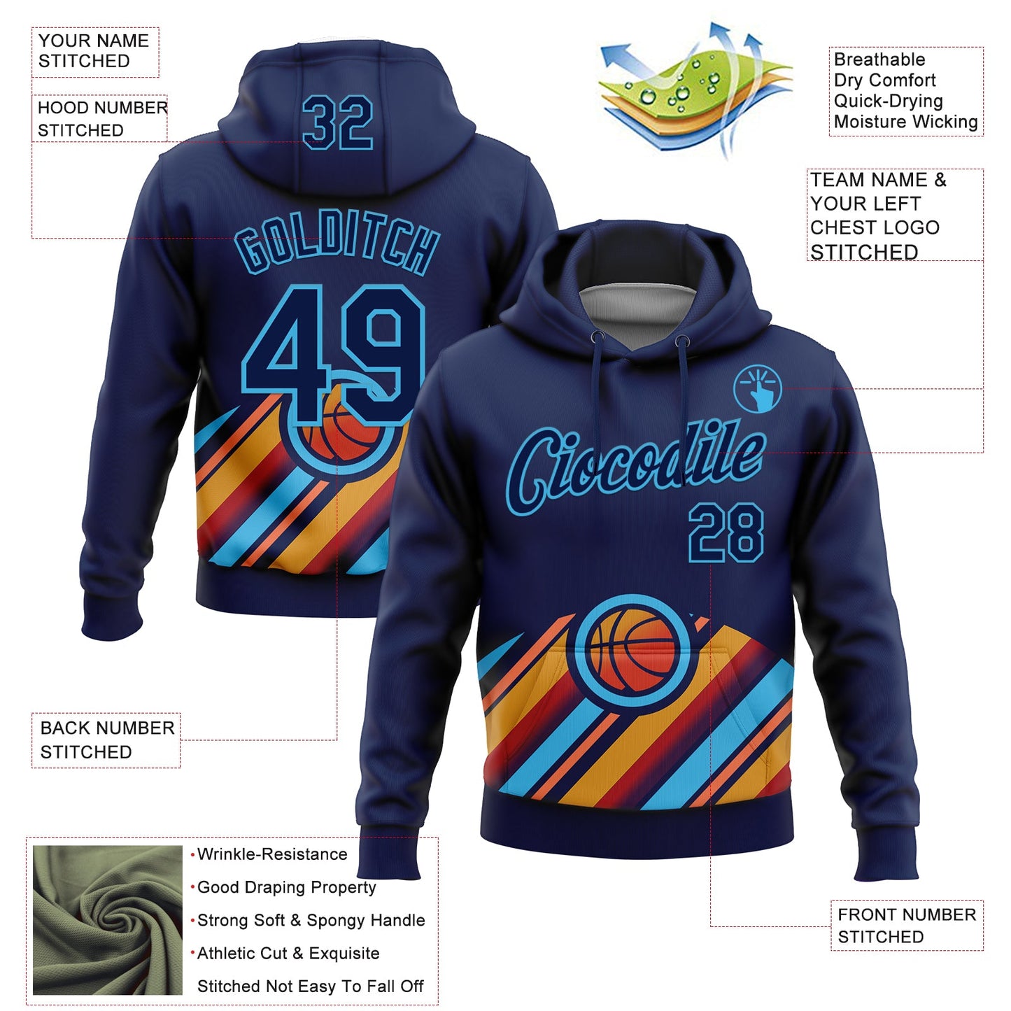 Custom Stitched Navy Orange-Sky Blue 3D Pattern Design Ball Sports Pullover Sweatshirt Hoodie view 2