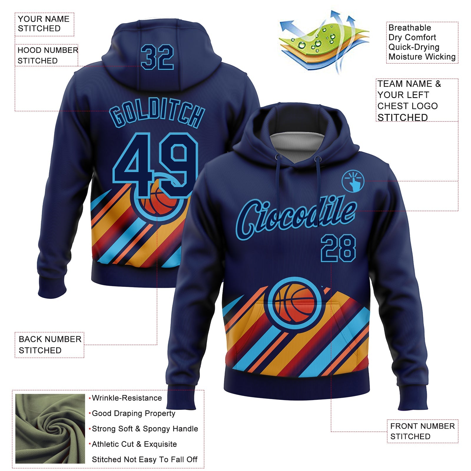 Custom Stitched Navy Orange-Sky Blue 3D Pattern Design Ball Sports Pullover Sweatshirt Hoodie view 2