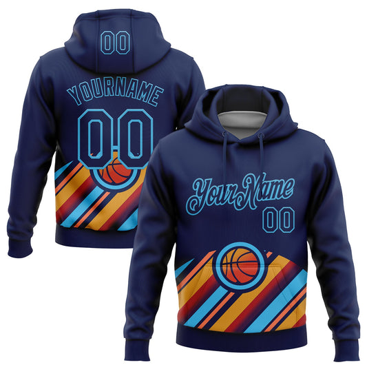 Custom Stitched Navy Orange-Sky Blue 3D Pattern Design Ball Sports Pullover Sweatshirt Hoodie - Main View
