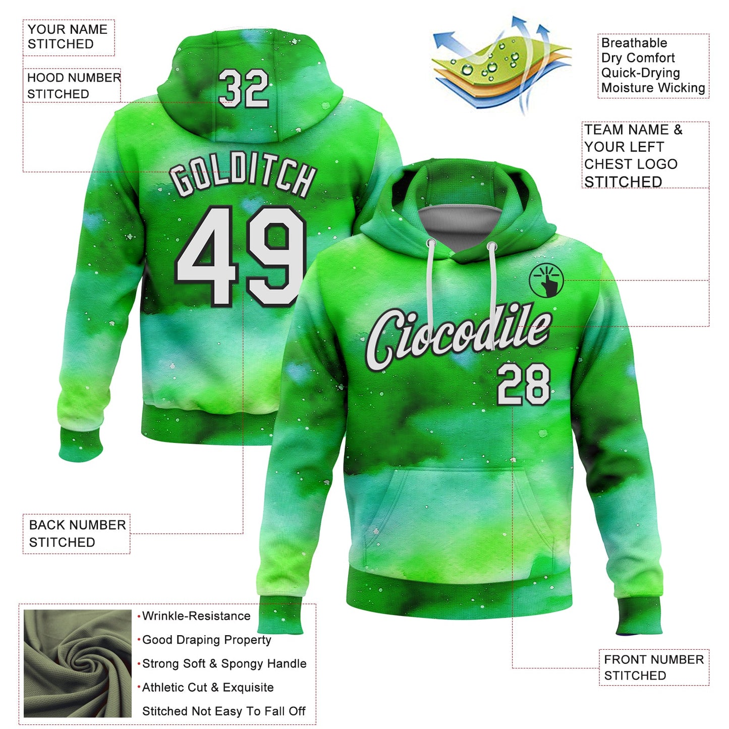 Custom Stitched Green White-Black 3D Pattern Design Watercolor Sports Pullover Sweatshirt Hoodie view 2