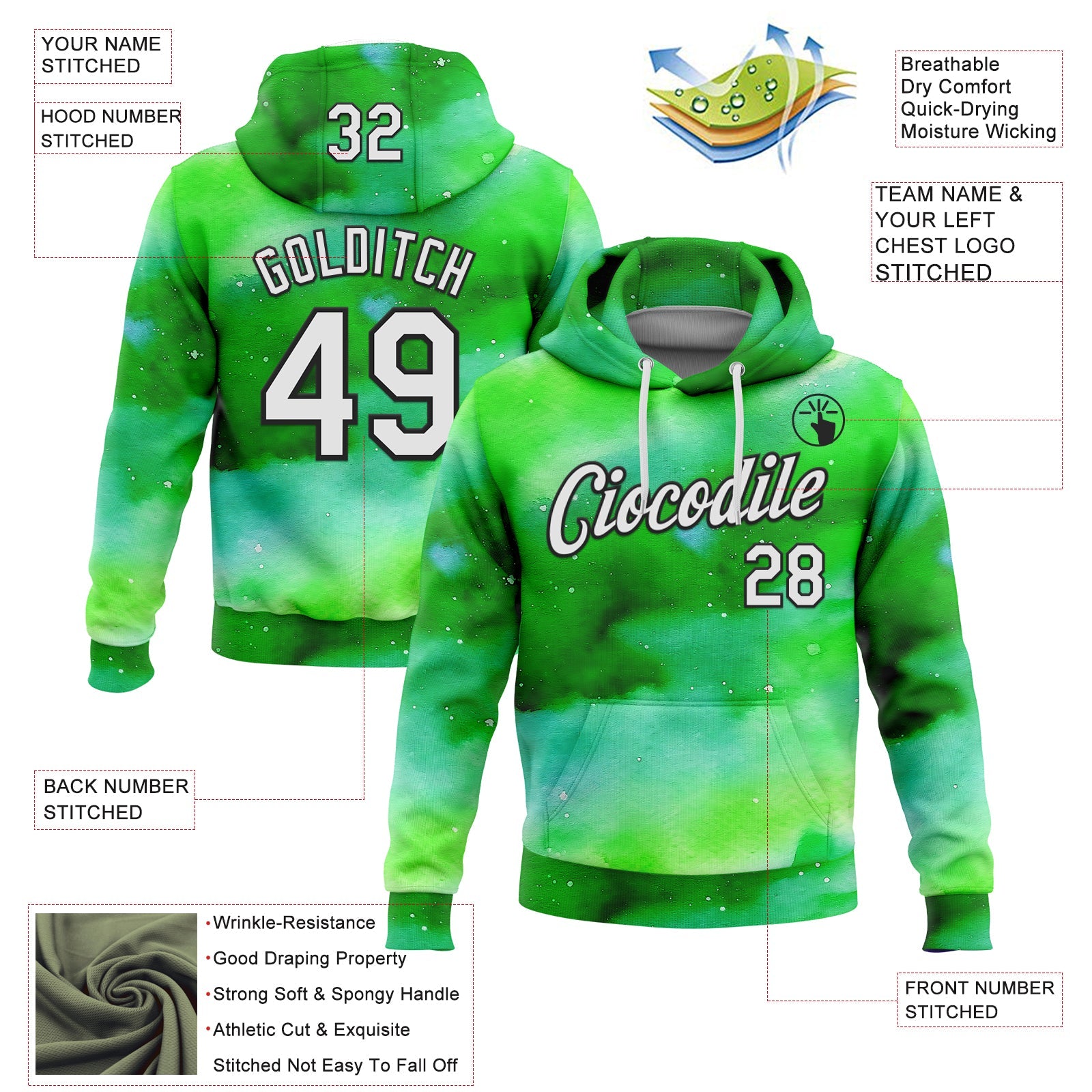 Custom Stitched Green White-Black 3D Pattern Design Watercolor Sports Pullover Sweatshirt Hoodie view 2