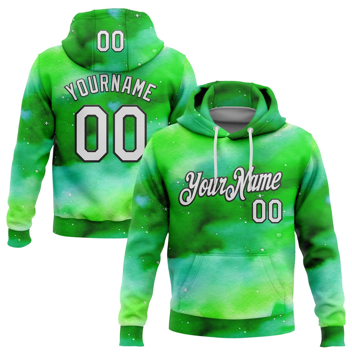 Custom Stitched Green White-Black 3D Pattern Design Watercolor Sports Pullover Sweatshirt Hoodie - Main View