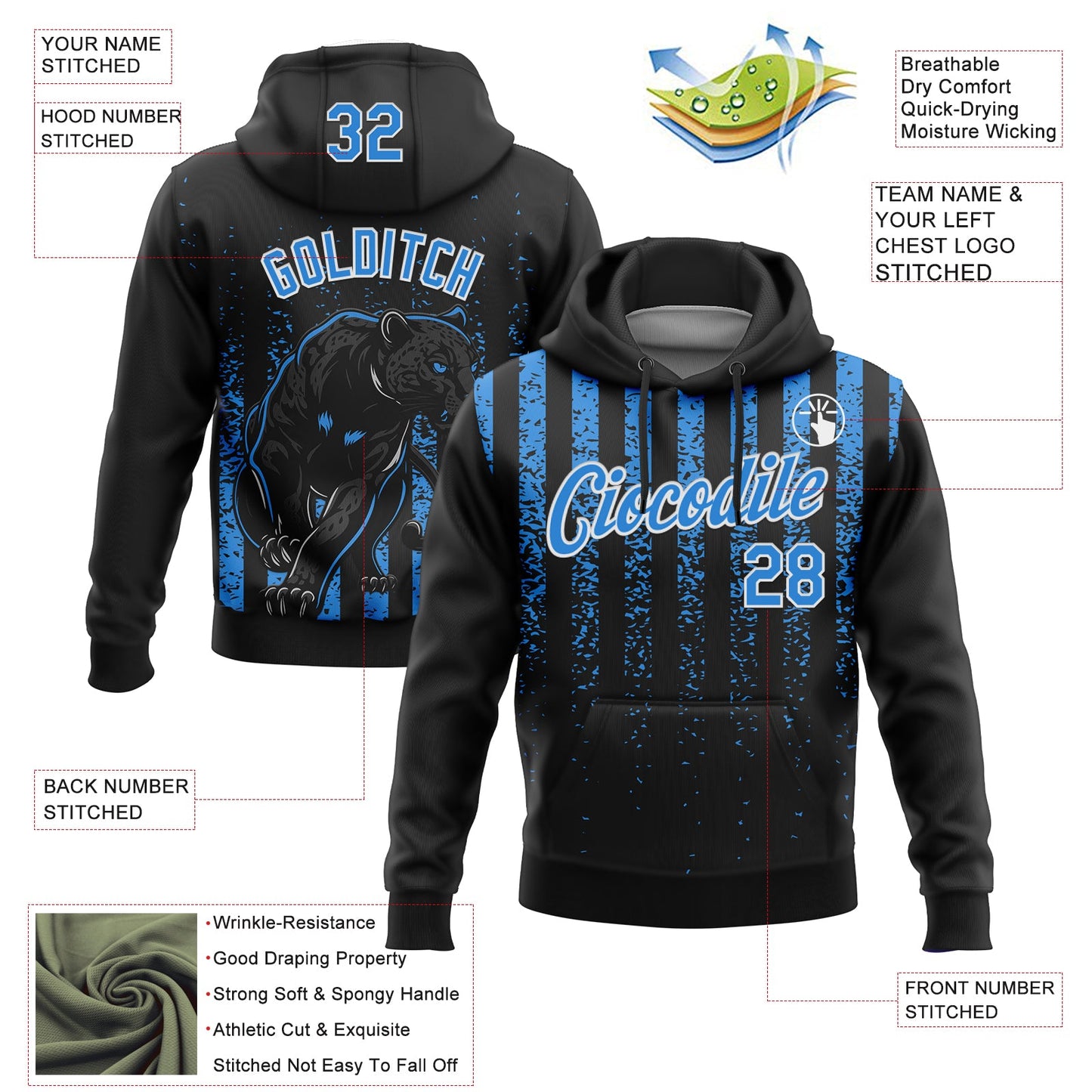 Custom Stitched Black Powder Blue-White 3D Pattern Design Animal Leopard Grunge Art Sports Pullover Sweatshirt Hoodie view 2