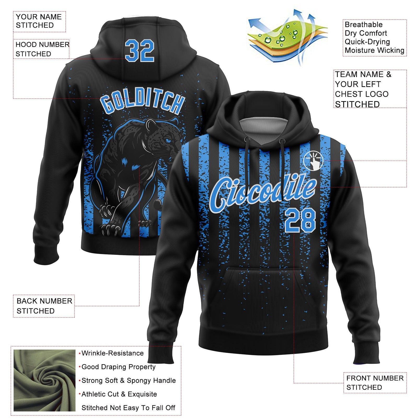 Custom Stitched Black Powder Blue-White 3D Pattern Design Animal Leopard Grunge Art Sports Pullover Sweatshirt Hoodie view 2