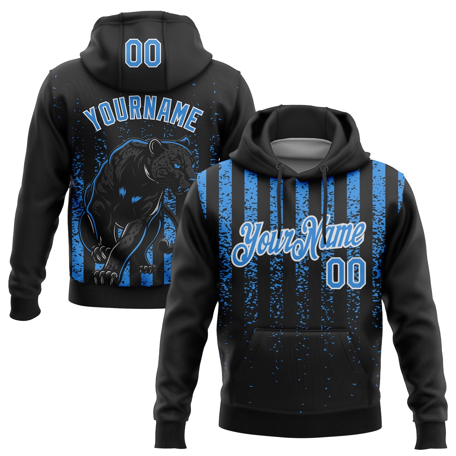Custom Stitched Black Powder Blue-White 3D Pattern Design Animal Leopard Grunge Art Sports Pullover Sweatshirt Hoodie - Main View