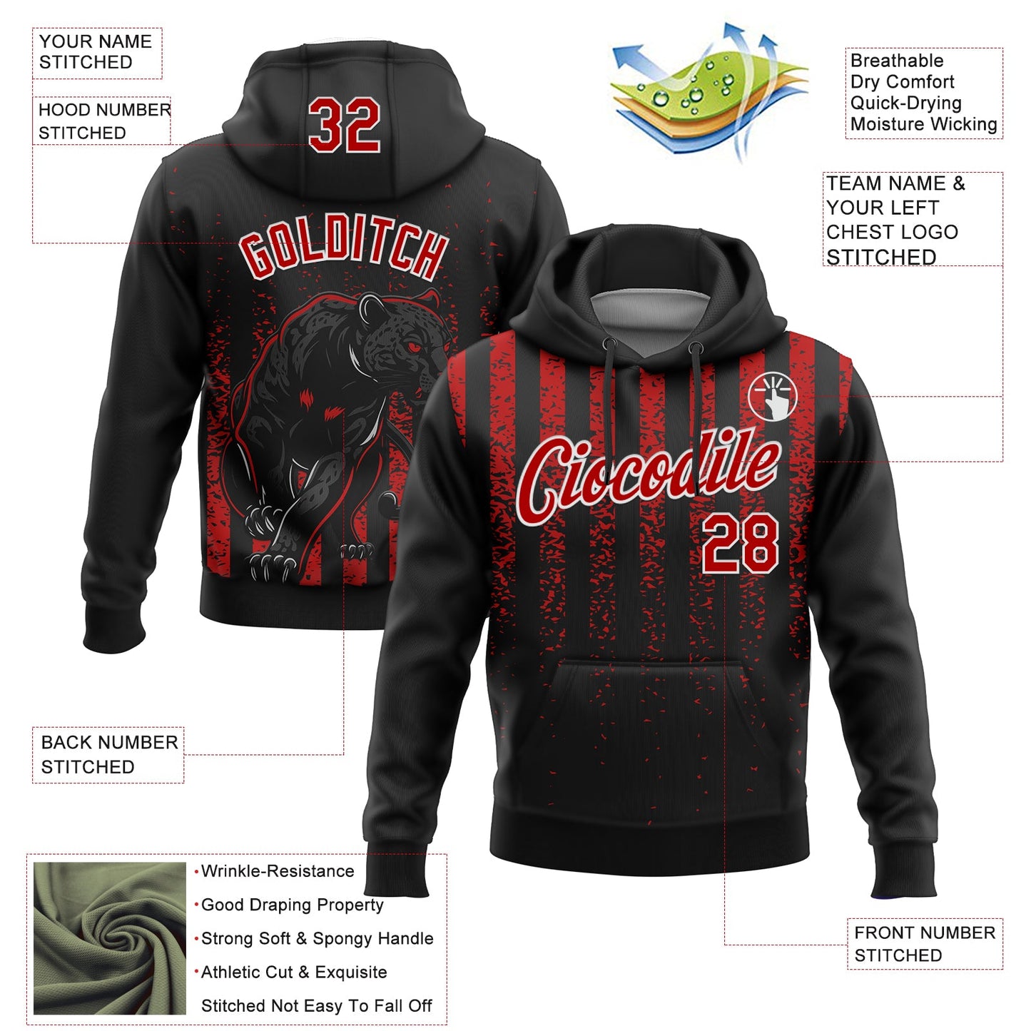 Custom Stitched Black Red-White 3D Pattern Design Animal Leopard Grunge Art Sports Pullover Sweatshirt Hoodie view 2