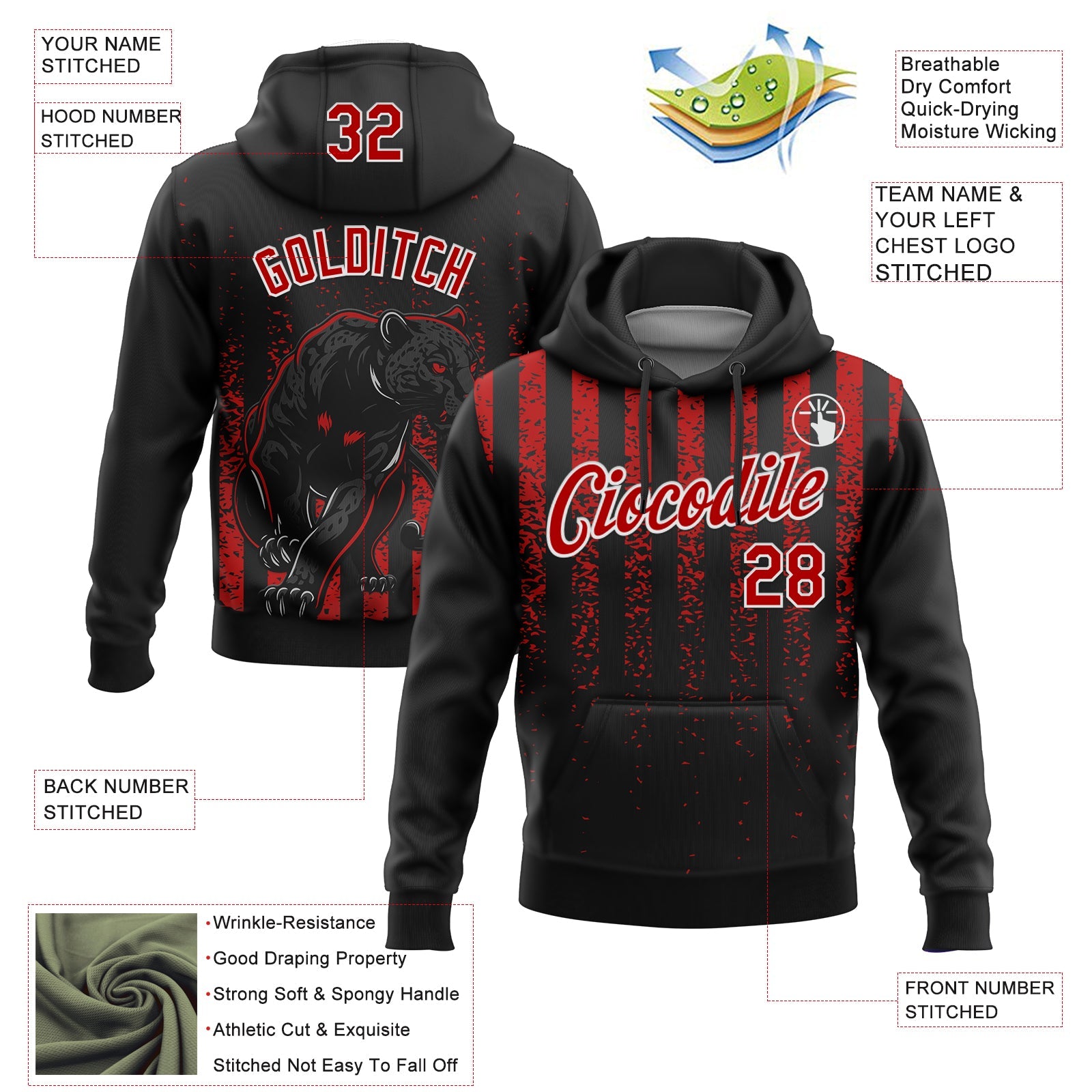 Custom Stitched Black Red-White 3D Pattern Design Animal Leopard Grunge Art Sports Pullover Sweatshirt Hoodie view 2