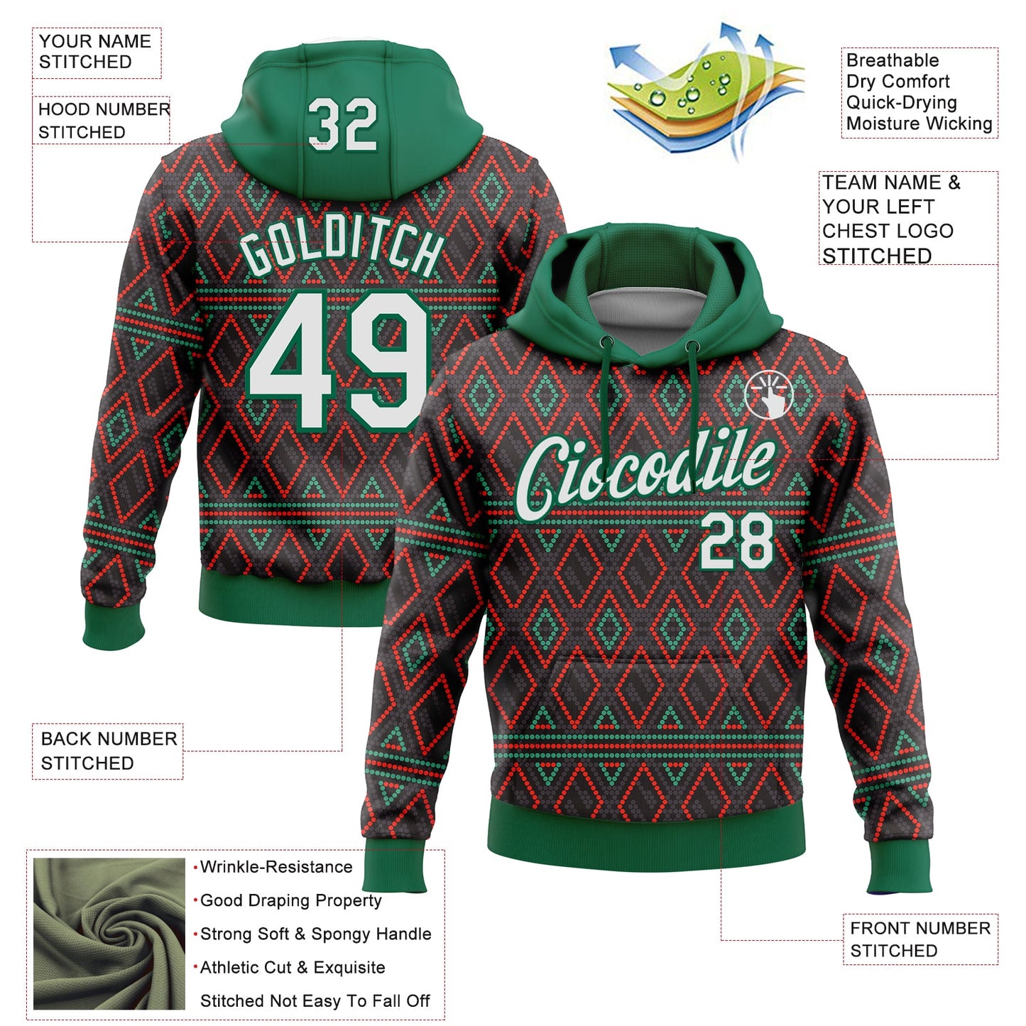 Custom Stitched Black White Kelly Green-Red 3D Pattern Design Geometric Shape Sports Pullover Sweatshirt Hoodie view 2