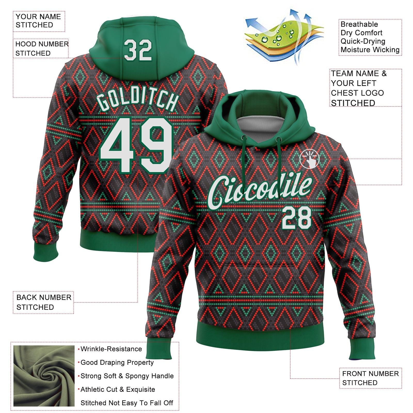 Custom Stitched Black White Kelly Green-Red 3D Pattern Design Geometric Shape Sports Pullover Sweatshirt Hoodie view 2