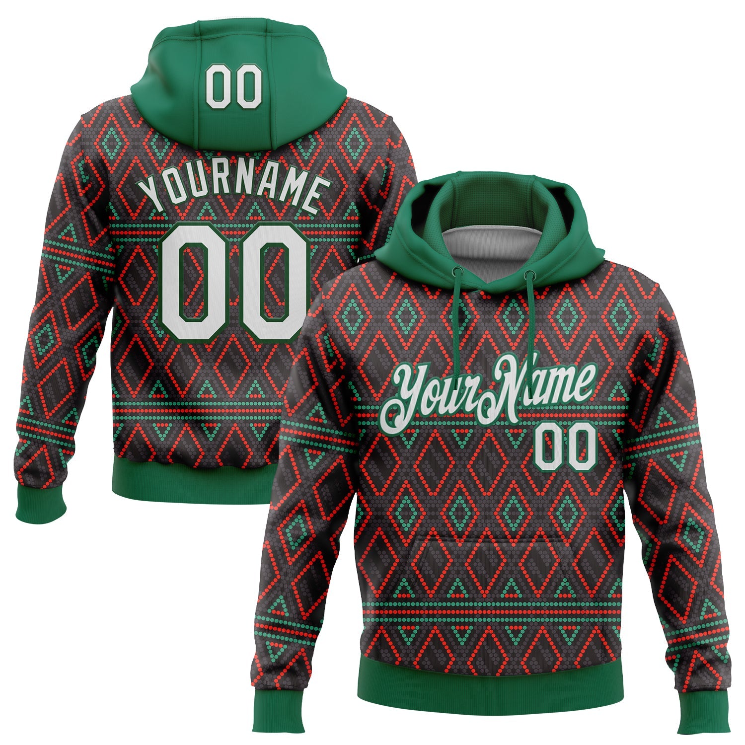 Custom Stitched Black White Kelly Green-Red 3D Pattern Design Geometric Shape Sports Pullover Sweatshirt Hoodie - Main View