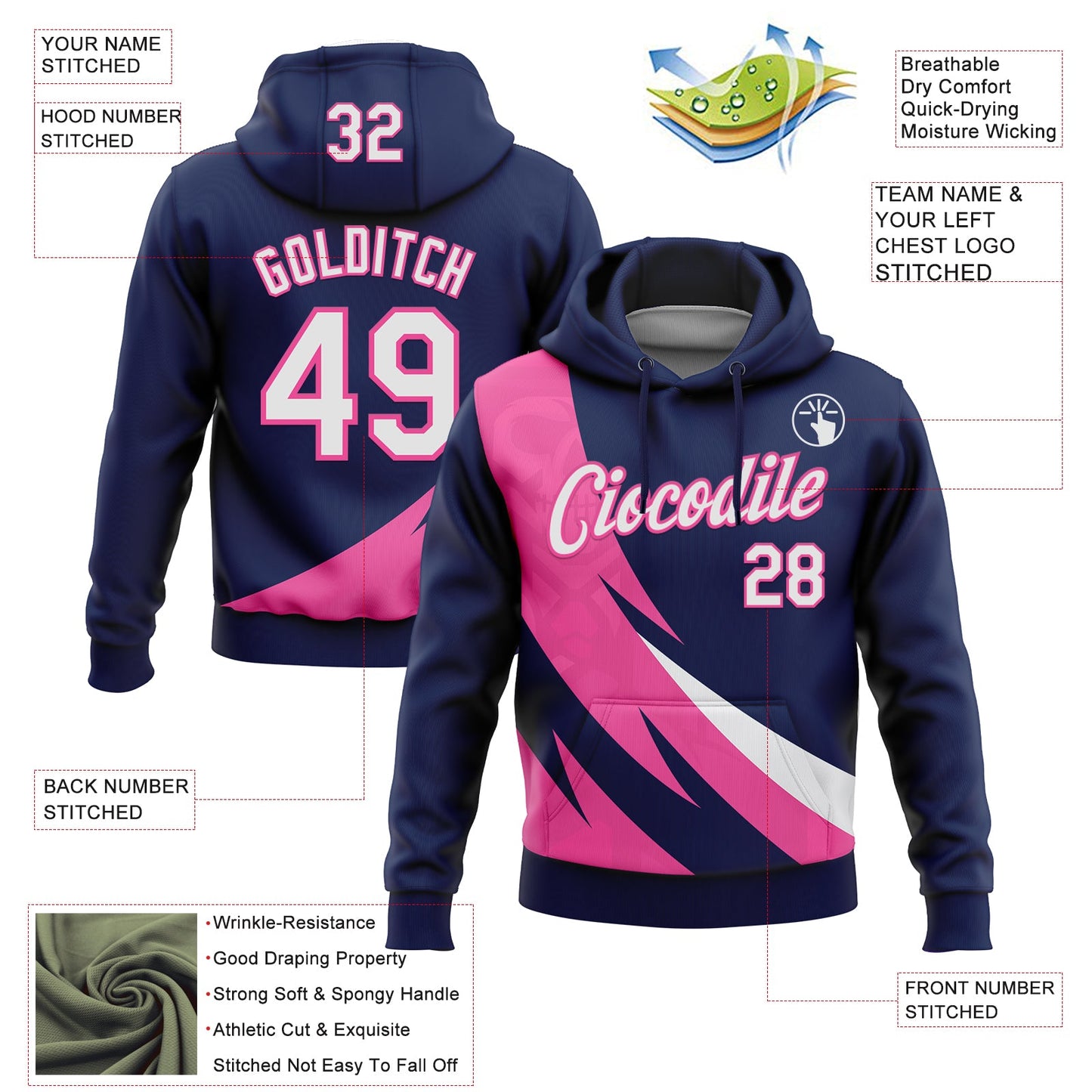 Custom Stitched Navy White-Pink 3D Pattern Design Geometric Shape Sports Pullover Sweatshirt Hoodie view 2