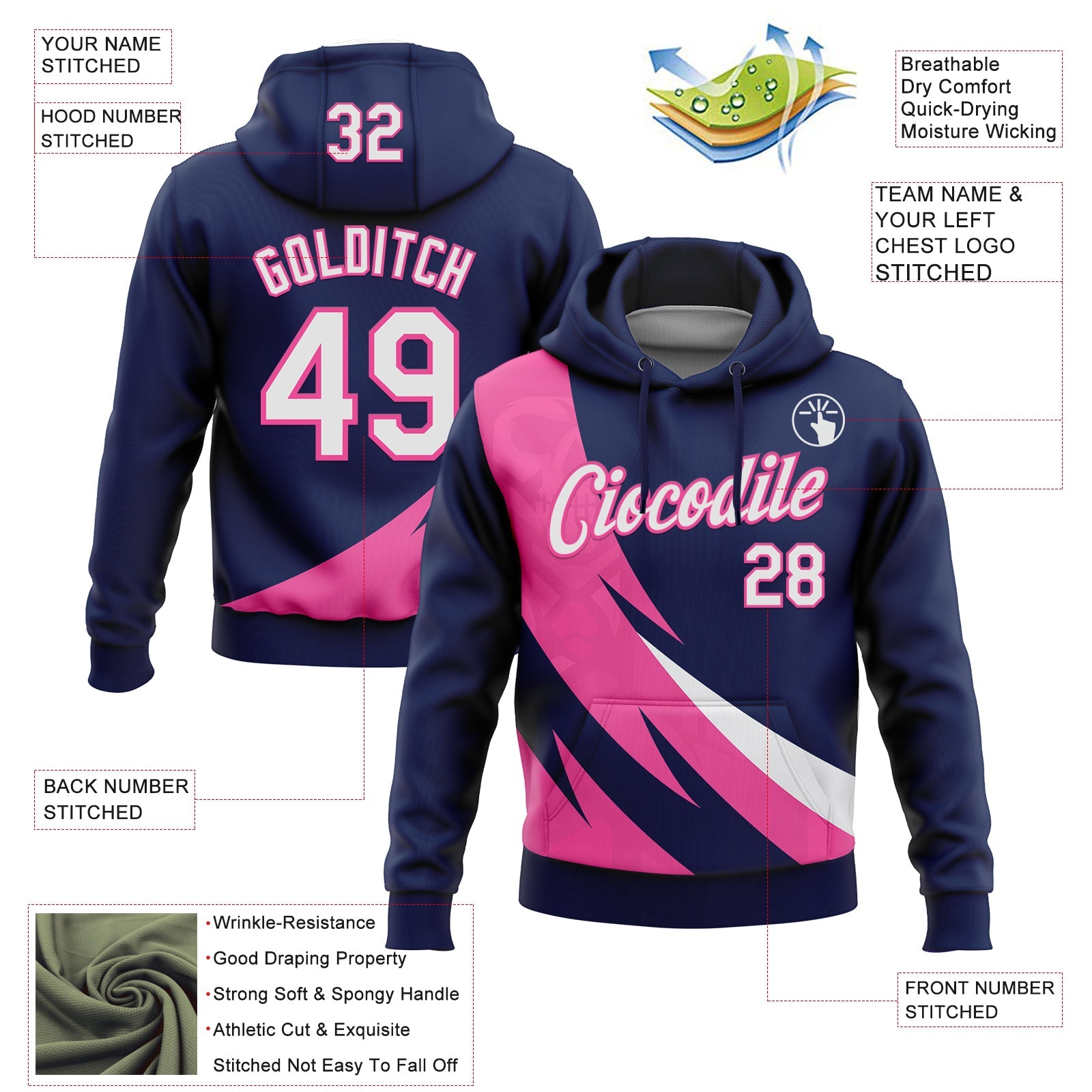 Custom Stitched Navy White-Pink 3D Pattern Design Geometric Shape Sports Pullover Sweatshirt Hoodie view 2