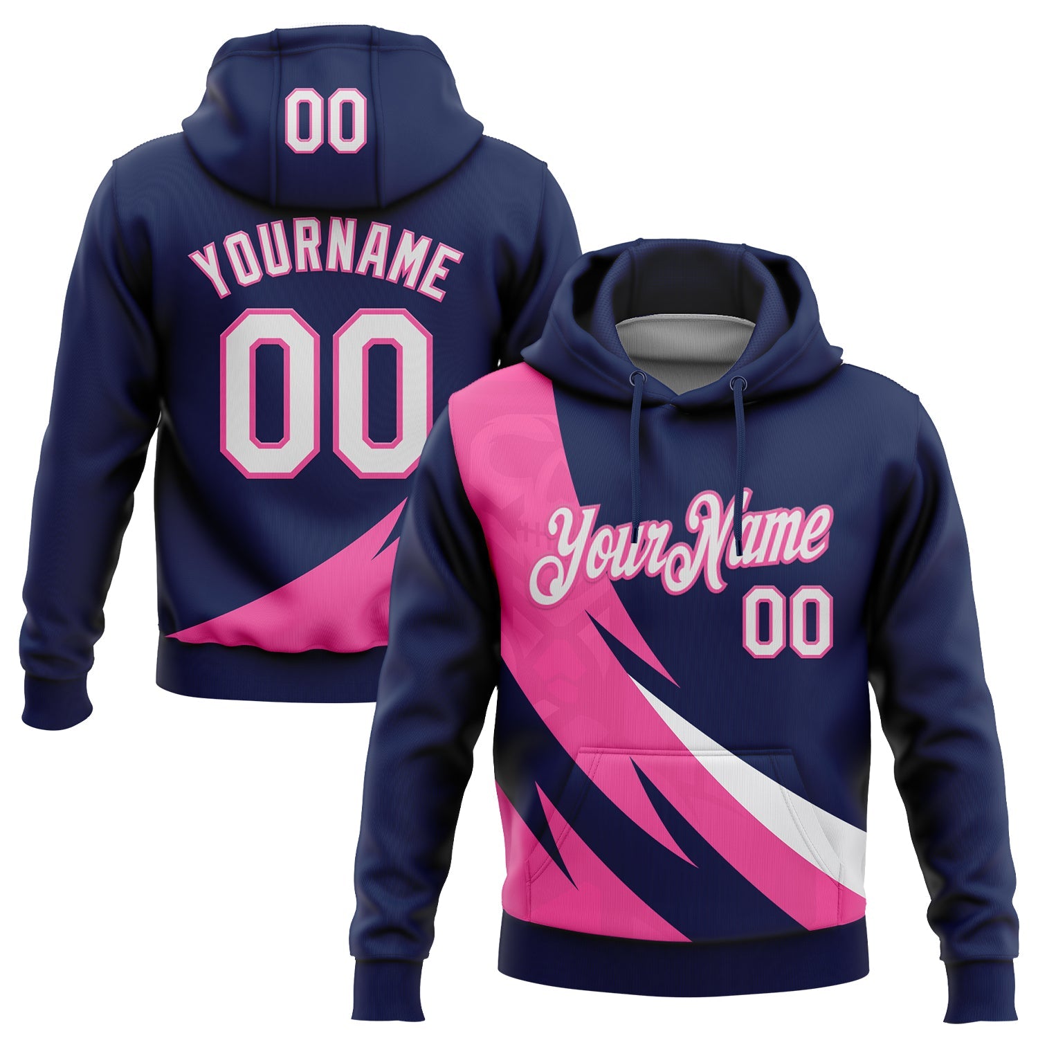 Custom Stitched Navy White-Pink 3D Pattern Design Geometric Shape Sports Pullover Sweatshirt Hoodie - Main View