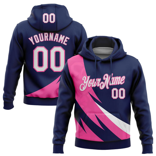 Custom Stitched Navy White-Pink 3D Pattern Design Geometric Shape Sports Pullover Sweatshirt Hoodie - Main View