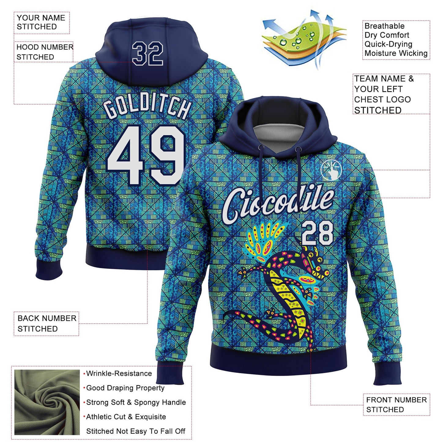 Custom Stitched Navy White-Aqua 3D Pattern Design Animal Dragon Geometric Shape Sports Pullover Sweatshirt Hoodie view 2