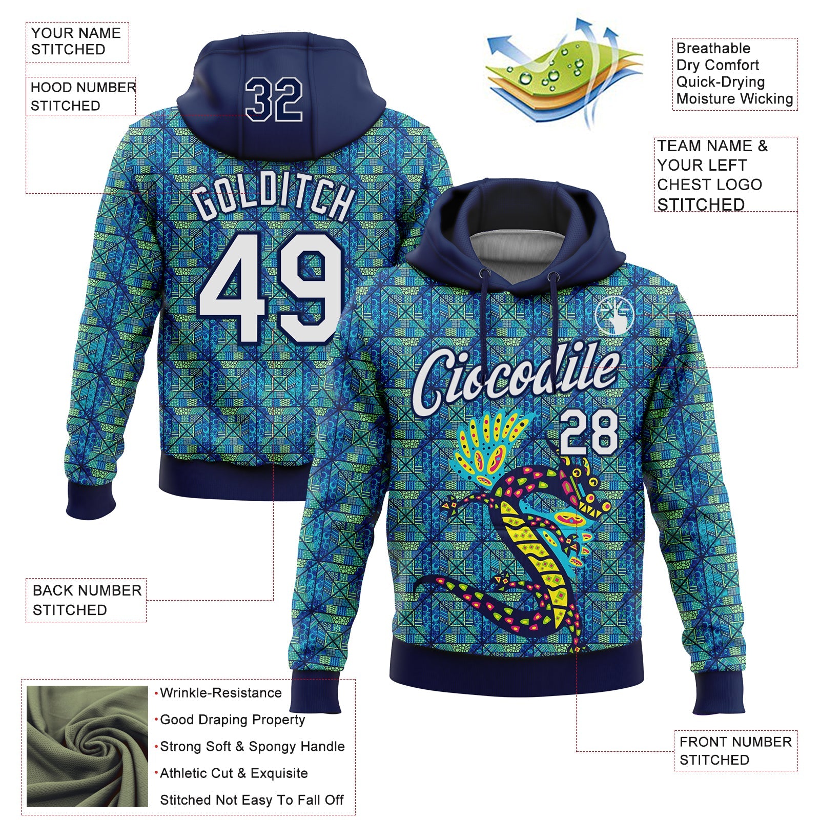 Custom Stitched Navy White-Aqua 3D Pattern Design Animal Dragon Geometric Shape Sports Pullover Sweatshirt Hoodie view 2